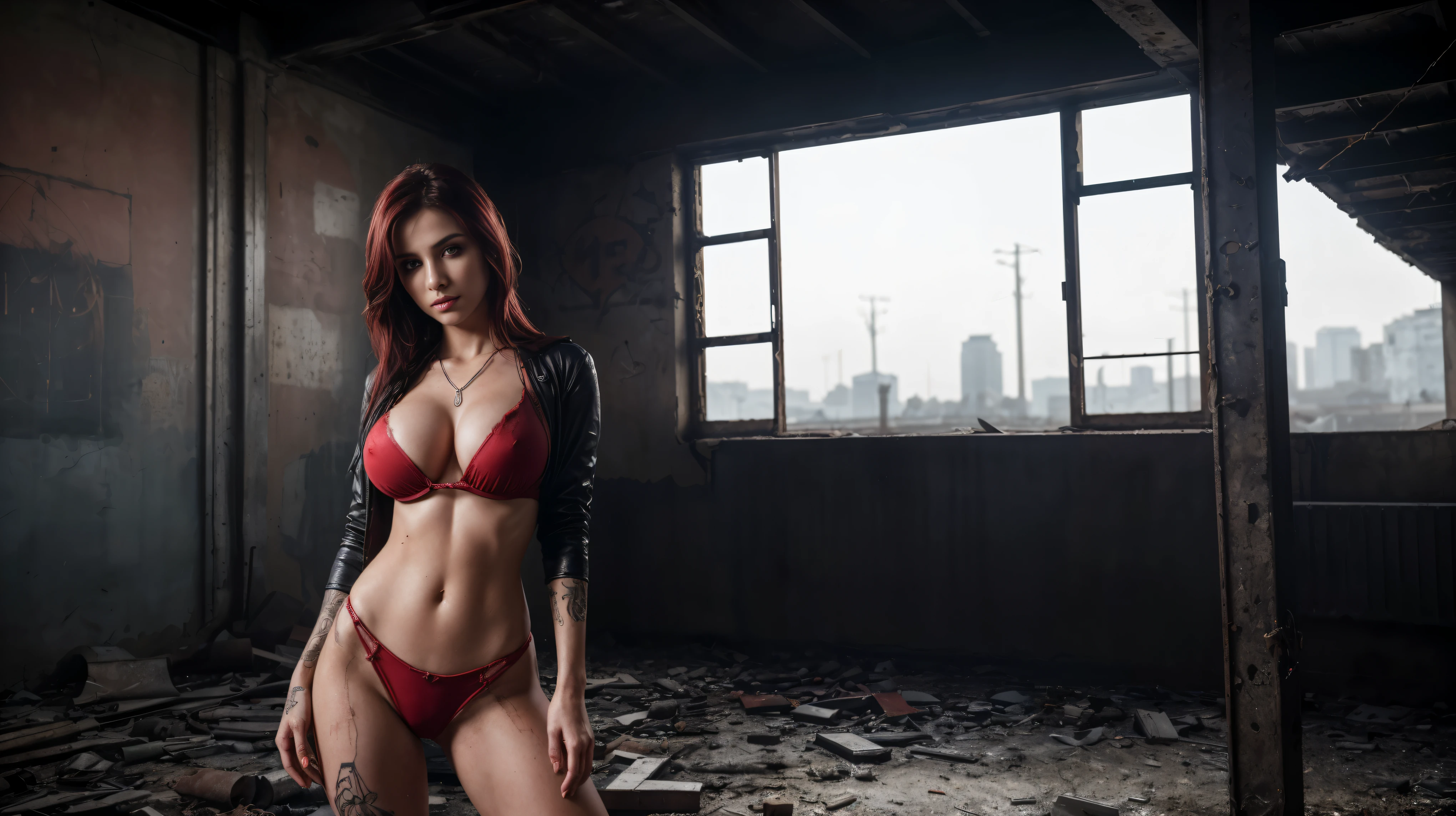 8k, masterpiece, RAW photo, best quality, photorealistic, extremely detailed CG unity 8k wallpaper, Depth of field, Cinematic Light, Lens Flare, Ray tracing, (extremely beautiful face, beautiful lips, beautiful eyes), intricate detail face, ((ultra detailed skin)), ((1girl:1.6)), ((alone:1.4)), ((standing)), at night inside a grunge warehouse, deep shadow, [Raiana-Elizabeth-Dilla], pretty girl, (very slim slender fit-muscled body:1.3), ((beautiful legs:1.4)), ((looking at viewer)),(big smile:1), (???? ((see-through)) ((ultra-short ((red:1.1)) punk-style uniform))), ((dark scenery,nightlife,urbanlife)), (dark and moody lighting,industrial decay,urban texture,vivid colors,raw and gritty details,mysterious and atmospheric,blurred edges,rusty metal,peeling paint,dusty atmosphere,broken windows,abandoned objects,loneliness and solitude,worn-out furniture,cracks and crevices,graffiti-covered walls,shadows and contrast,harsh and dramatic lighting,unpredictable angles,concrete floors,dirt and debris,smudges and stains,dramatic perspectives), (blurred background:1.4), ((without people in the background:1.5)), beautiful earrings, bracelets, necklace, red pendant, clear eyes, ((tattoos)), (pale skin), (face forward), whole-body-view, ((full-body:1.8, cinematic shot)), soft lighting, (long black hairs), (looking at viewer:1.8), cleavage ???????, (?????????????:1.6), touching the ??????, highly detailed, ultra realistic, extremely detailed and realistic ((red:1.1)) clothes.