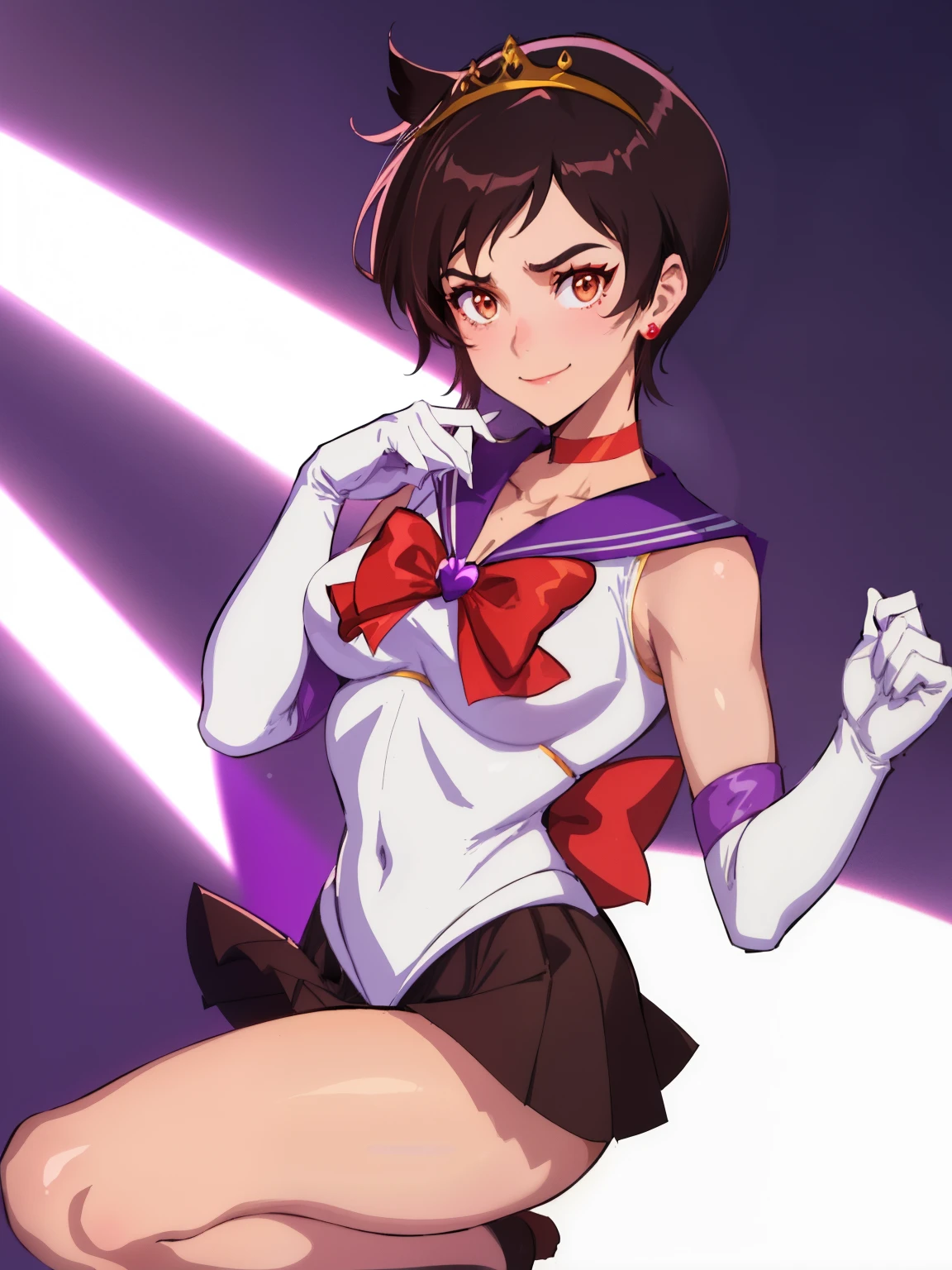 1girl ,lois lane, tan ,short hair ,brown eyes, black hair, sailor moon outfit, purple skirt, elbow gloves, tiara, purple sailor collar, red bow, purple choker, white gloves, jewelry, smile