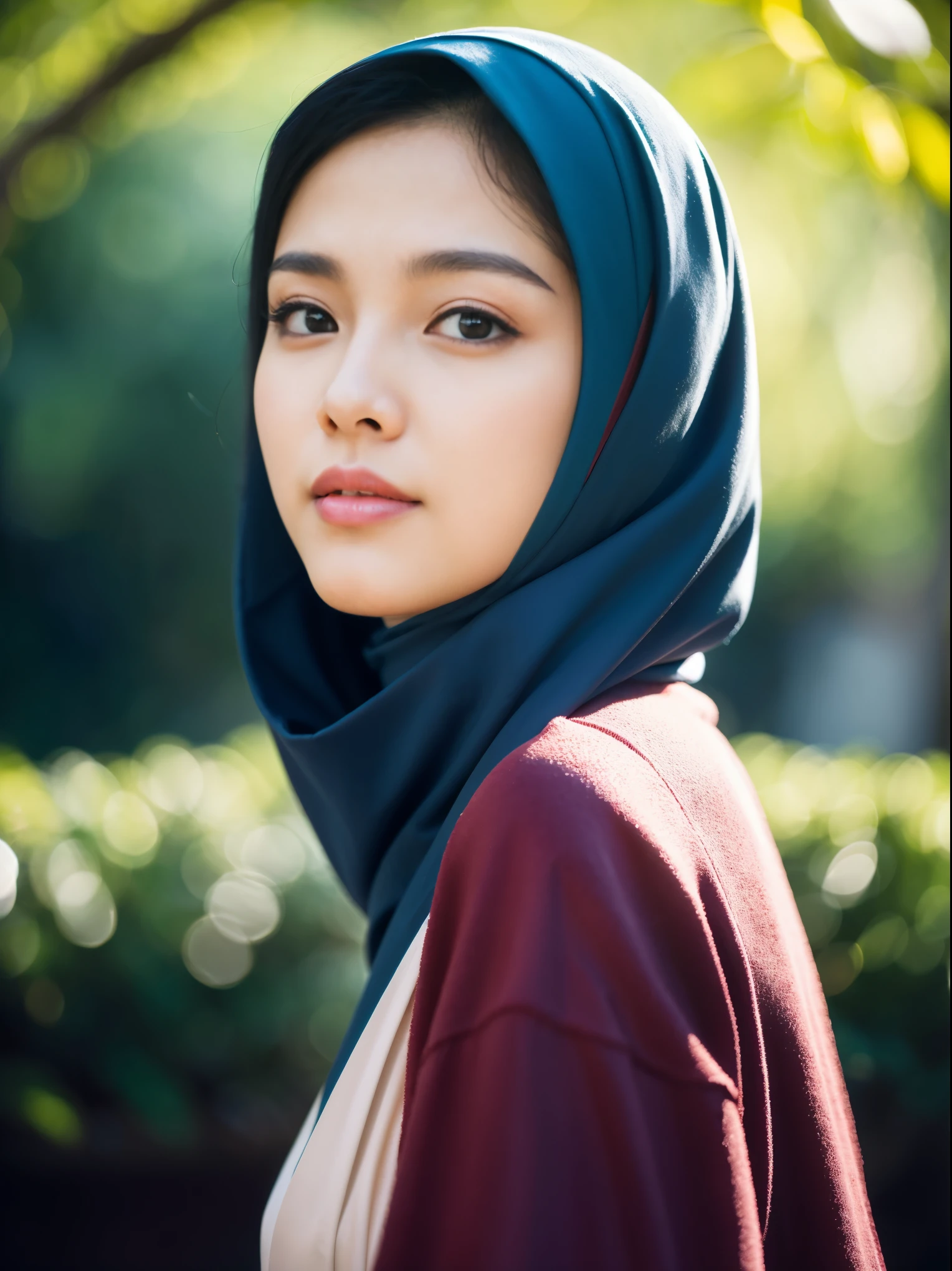 masterpiece, top-quality, 8K, absurderes, a beauty girl, kawaii, lips red, outdoor,half body, (well dressed:1.5), wearing blue pasmina hijab, hijab, accessories,nice body, No makeup, bukkake, Near and far law, depth of fields, A hyper-realistic, hight resolution, a picture, foco nítido, nffsw, face lights, 动态照明, Highest detail, Extreme details、ultra-detailliert、detaile、authentic skin、delicated facial features、Easy Negative