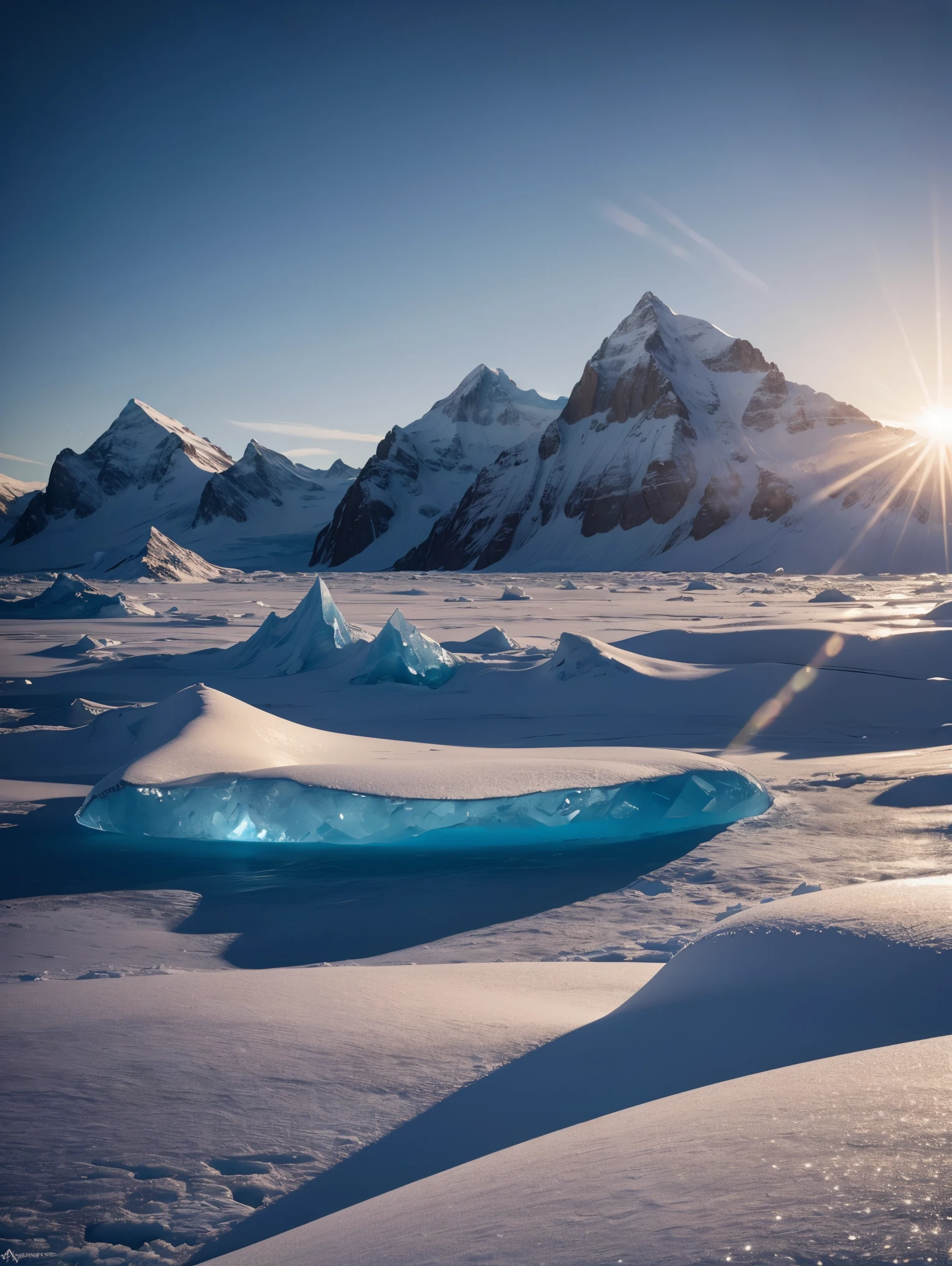 An exquisite arctic landscape painted in various shades of ethereal blue, showcasing the untouched beauty of icy glaciers, sparkling snow-covered peaks, and an expansive frozen tundra stretching as far as the eye can see. The serene atmosphere is intensified by the soft glow of the winter sun reflecting off the crystalline ice, creating a captivating tableau of pure tranquility and awe-inspiring natural wonders.