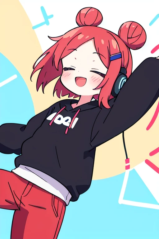 Girl with black sweatshirt with white letters saying "ur buns lol" and black and red pants, red hair, messy hair, short hair, side swept bangs, swept bangs, hair spread out, floating hair, expressive hair, two small messy buns, quiff, hair flaps, hairpin, hairpin, covered eyes, headphones, heart hair ornament, smile, light blush, anime, anime style, high quality