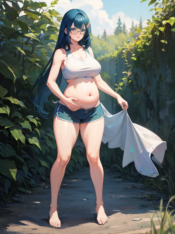 (Very high quality, detailed) A full body image of a pregnant girl wearing a sports bra, very thight shorts and glasses, she's standing barefoot and has very big breasts, long hair and a pretty thick body. She has her hands on her belly and her belly is uncovered