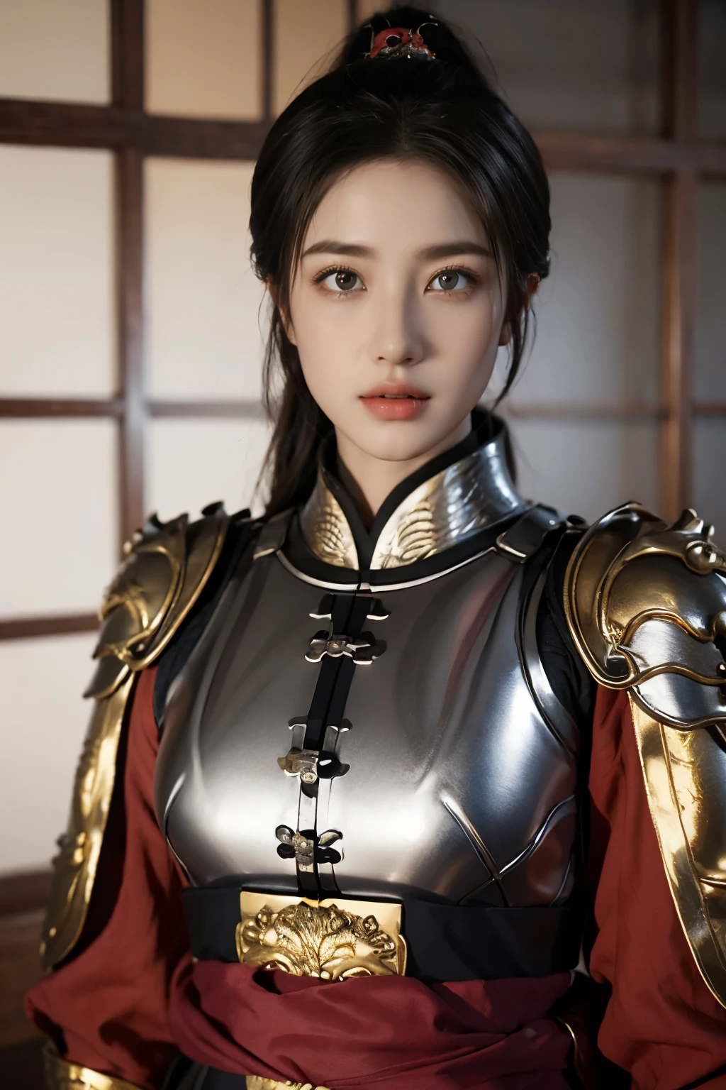 Game art，The best picture quality，Highest resolution，8K，(A bust photograph)，(Portrait)，(Head close-up)，(Rule of thirds)，Unreal Engine 5 rendering works， (The Girl of the Future)，(Female Warrior)， 
20岁少女，(The generals of ancient China)，An eye rich in detail，(Big breasts)，优雅高贵，冷漠，勇敢的，
(Wearing ancient Chinese style armor，Armor of the Tang Dynasty，Costumes are rich in detail，Metallic luster，Silver gray)，中国人物，奇幻风格，
拍照姿势，野外背景，Movie lights，Ray tracing，Game CG，((3D Unreal Engine))，oc渲染反射纹