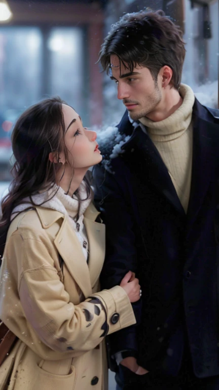 (best quality,4k,8k,highres,masterpiece:1.2),ultra-detailed,(realistic,photorealistic,photo-realistic:1.37),portrait,beautiful faces,exquisitely detailed faces,beautiful women,handsome men,model-like appearances,intense expressions,hugs,kisses,winter,snow,snow drifts,flexibility,romance,passion
