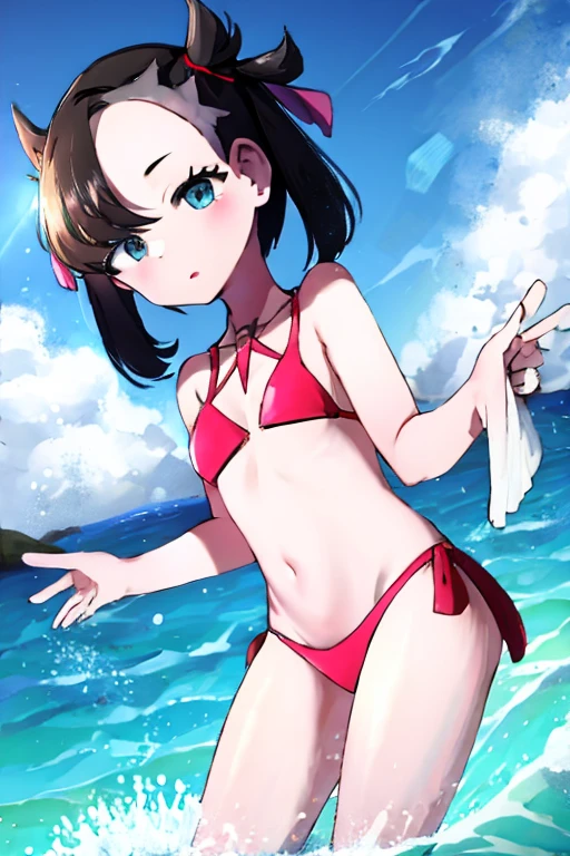 Short black hair Adult female　Dog Ears　Dark blue colored eyes　Flat chest　Wearing a tiny bikini　Location: Sea　smile