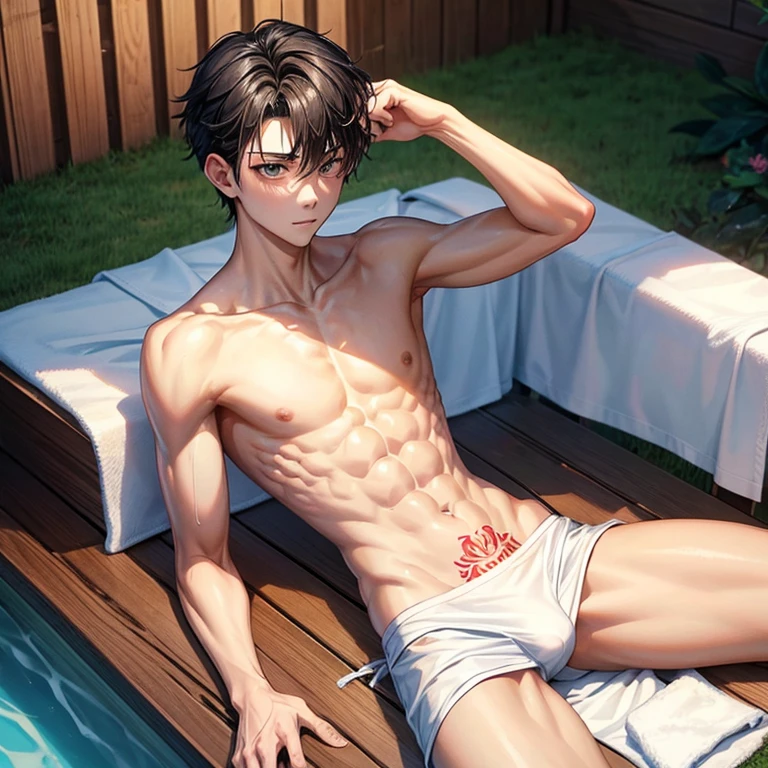 15-year-old boy , thin, Slim body, Very white skin, Asia, I have a little six-pack.,White towel, sauna,He has a tattoo on his stomach of a deer&#39;s head.,มีผู้คนมากมายอยู่ในห้องsauna