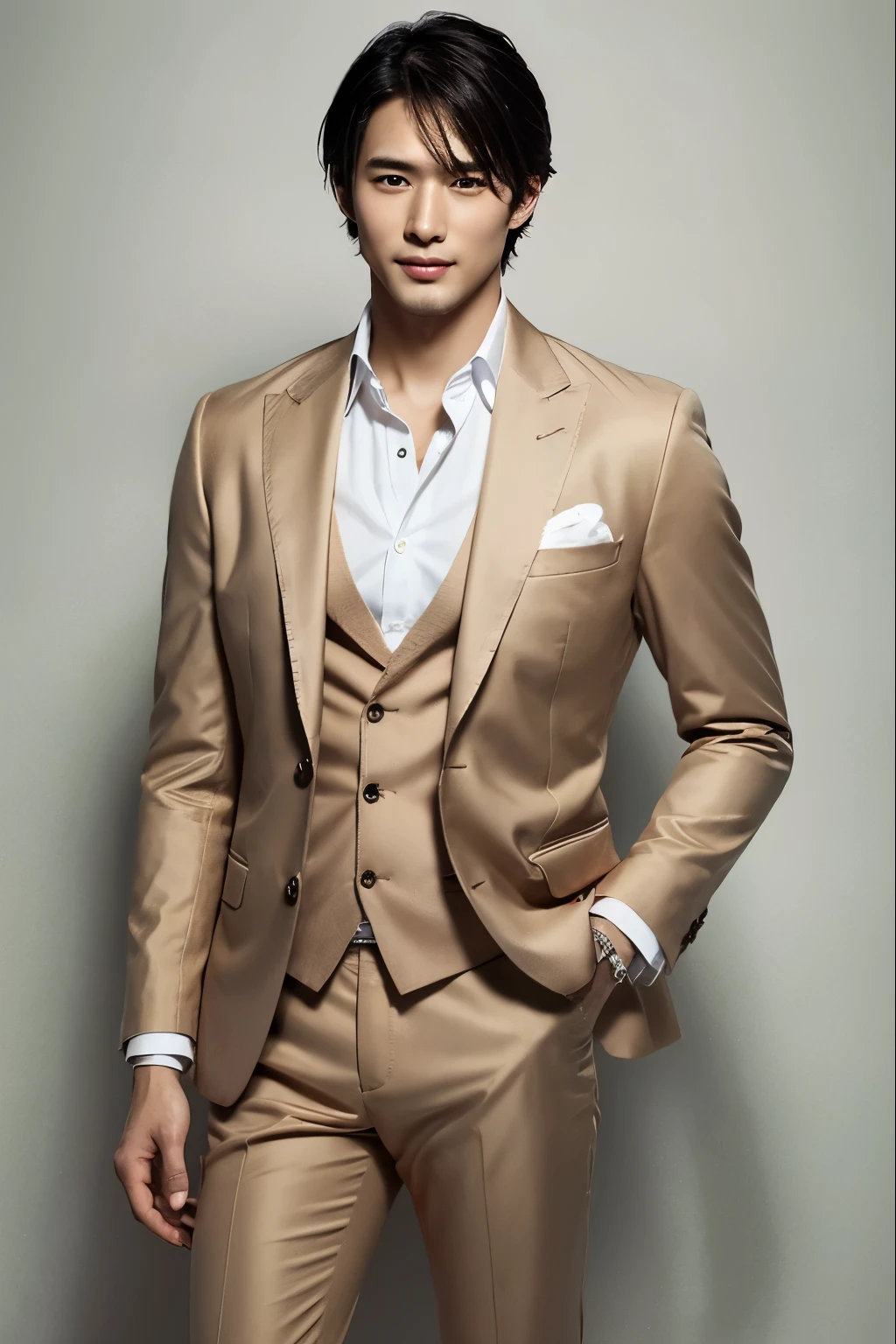 Top quality, 8k, ultra high res, one handsome Japanese man, 30 years old, beige suit, 35mm lens, f/1, (white background: 1.3), lounge, frontal face, he is smile, standing, clean shaven, slender face, cool face,