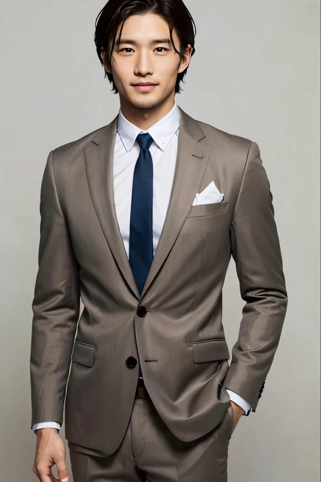 Top quality, 8k, ultra high res, one handsome Japanese man, 30 years old, beige suit, 35mm lens, f/1, (white background: 1.3), lounge, frontal face, he is smile, standing, clean shaven, slender face, cool face,