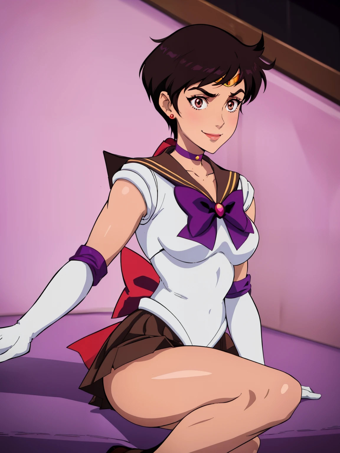 1girl ,lois lane, tan ,short hair ,brown eyes, black hair, sailor moon outfit, purple skirt, elbow gloves, tiara, purple sailor collar, red bow, purple choker, white gloves, jewelry, smile