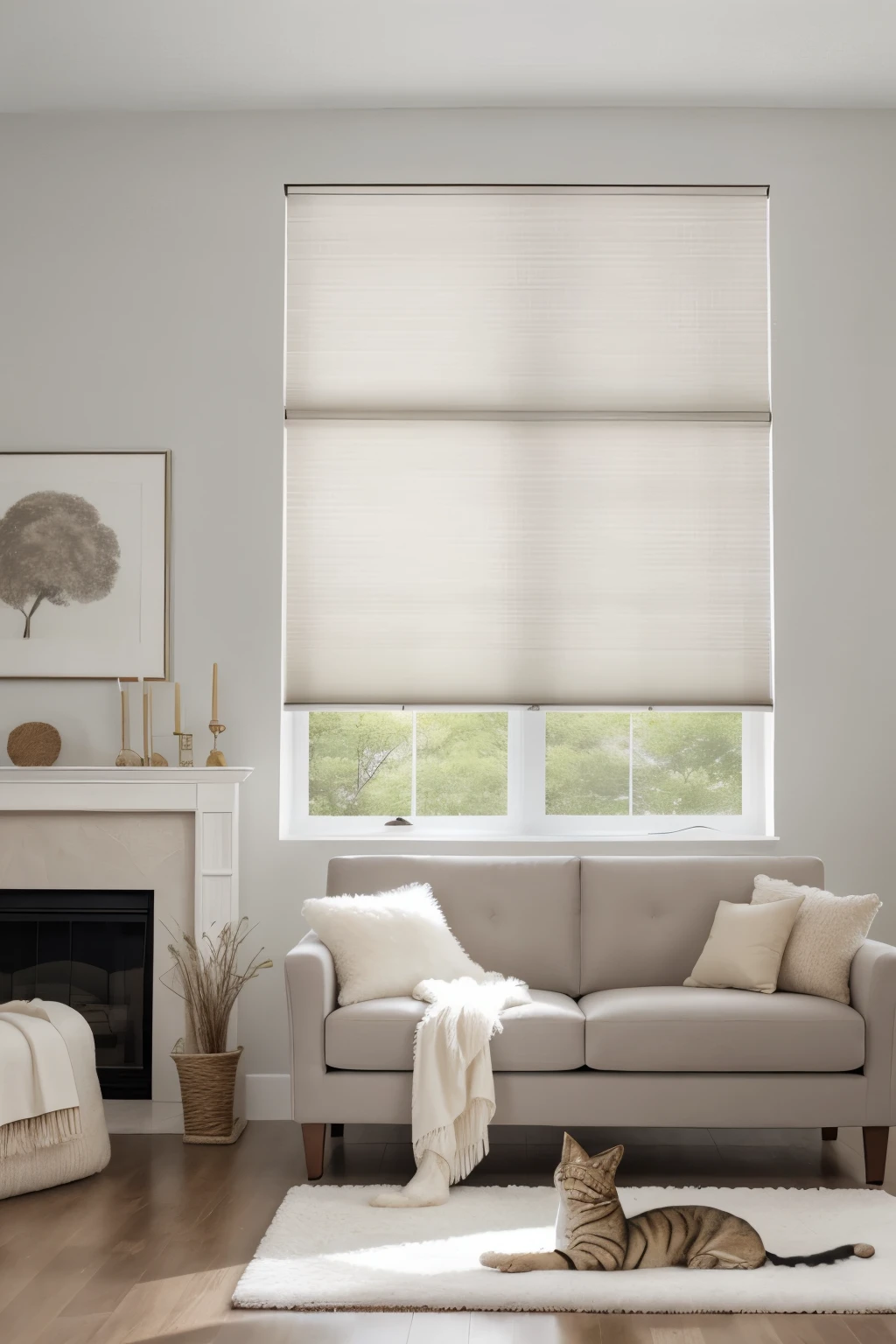 (high quality, cellular shades, white, pets playing)
A cozy living room scene featuring cats and dogs playing together in the warm, natural light filtering in from the cellular shades. The white walls and floor create a crisp and clean canvas, while the vivid colors and intricate details of the pets bring the image to life. The high-quality image captures every detail, from the textured fur on the animals to the shadows cast by their movements. The cellular shades soften the light, creating a pleasant and inviting atmosphere.