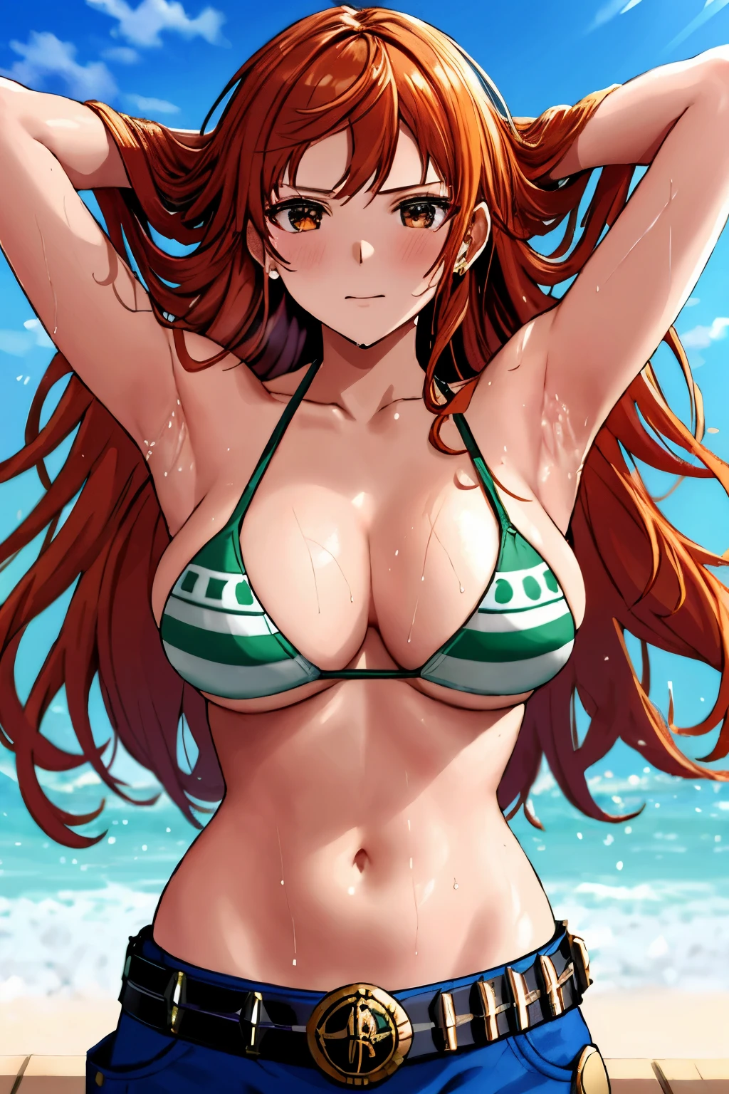 detailed background, masterpiece, 4K, best quality, 늦은 request소년, adult, wrestler body, 1 woman, Active, energetic, Uppercut, (Big mouth) , alone, Us \(One Piece\), 1 woman, bangle, (Very wet, Drenched in sweat, sweating all over, Very wet hair, tired, breathe, dehisce, exhausted, outcry, Sweaty face, sweaty body, Panting, sweating too much, Glittering sweat, sweaty armpits, trend, hands on hips, Serious, glaring), Perfect, detailed face, Draw bold lines, muscular arms, Detailed and thick arm lines, Flat chin, adult woman, wavy wide striped bangs, floating bangs, (Big cheeks), bare shoulders, off shoulder, belt, bikini, bikini top only, blue sky, bracelet, Elastic breasts, Breast line, Big round eyes, very large brown shiny eyes, foam, 높은 눈 stomach치, split, cloud, afternoon, request, earring, floating hair, shiny hair, green belt, green bikini, Thick groin line, requestpants, bijouterie, medium chest, Log Pose, long hair, looking at viewer, navel, wet hair, Orange hair, pants, shoulder Tattoo, side lock, sky, alone, standing, stomach, swimsuit, Tattoo , looking at viewer, dehisce, Detailed left arm, large forehead, hourglass shape, small head, A toned body, Broad head, wind effect, The Sun Effect, Under the sun, Narrow small ear angle, Previous, 무작stomach 포즈,