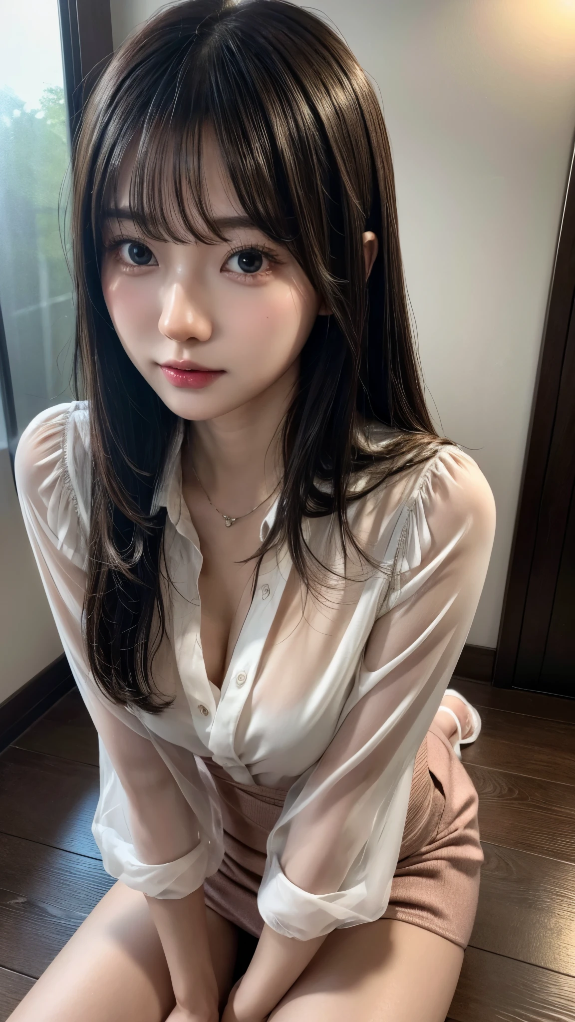 highres, ultra detailed, photorealistic, soft lighting, 1 beautiful Japanese girl, highly detailed beautiful face, shy, straight and medium hair, transparent unbuttoned blouse, beautiful legs