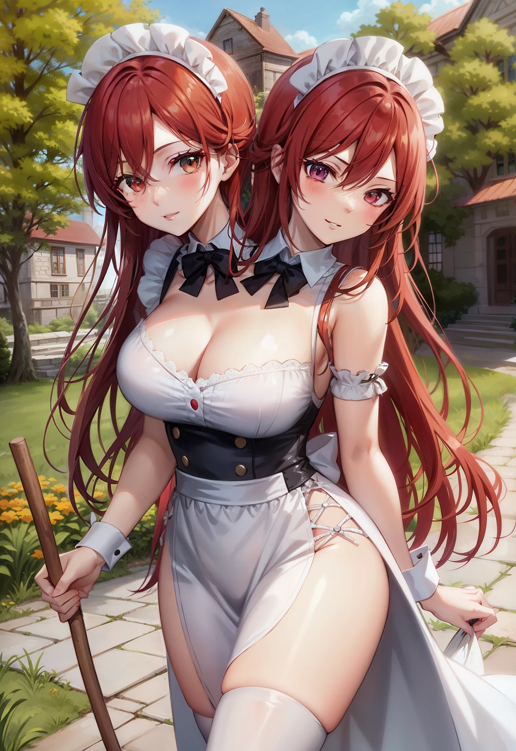anime girl in maid outfit with broom and broom in front of a building, rias gremory, anime girl in a maid costume, gorgeous maid, a sexy maid in a magical forest, maid outfit, maid dress, erza scarlet as a real person, cushart krenz key art feminine, a maid in a magical forest, cute anime waifu in a nice dress, (two heads)