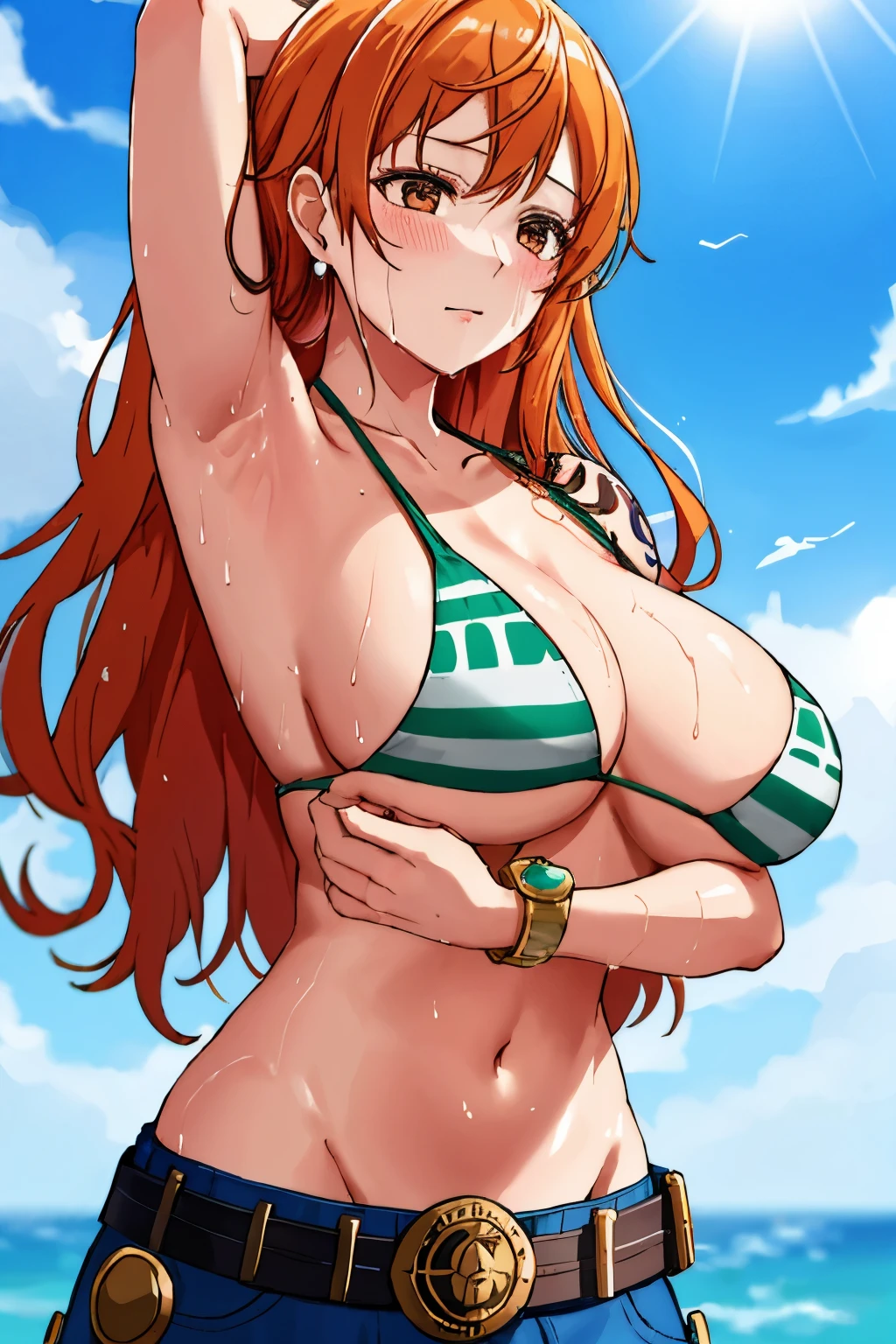 detailed background, masterpiece, 4K, best quality, 늦은 request소년, adult, wrestler body, 1 woman, Active, energetic, Uppercut, (Big mouth) , alone, Us \(One Piece\), 1 woman, bangle, (Very wet, Drenched in sweat, sweating all over, Very wet hair, tired, breathe, dehisce, exhausted, outcry, Sweaty face, sweaty body, Panting, sweating too much, Glittering sweat, sweaty armpits, trend, hands on hips, Serious, glaring), Perfect, detailed face, Draw bold lines, muscular arms, Detailed and thick arm lines, Flat chin, adult woman, wavy wide striped bangs, floating bangs, (Big cheeks), bare shoulders, off shoulder, belt, bikini, bikini top only, blue sky, bracelet, Elastic breasts, Breast line, Big round eyes, very large brown shiny eyes, foam, 높은 눈 stomach치, split, cloud, afternoon, request, earring, floating hair, shiny hair, green belt, green bikini, Thick groin line, requestpants, bijouterie, medium chest, Log Pose, long hair, looking at viewer, navel, wet hair, Orange hair, pants, shoulder Tattoo, side lock, sky, alone, standing, stomach, swimsuit, Tattoo , looking at viewer, dehisce, Detailed left arm, large forehead, hourglass shape, small head, A toned body, Broad head, wind effect, The Sun Effect, Under the sun, Narrow small ear angle, Previous, 무작stomach 포즈,