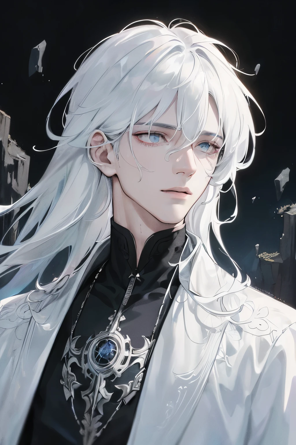 Amidst the enchanting landscape of a mystical realm, there exists a boy with white hair, radiantly shining against the backdrop of dark, brooding night. His eyes, as black as the deepest depths, pierce through the veil of the unknown, brimming with an enigmatic aura. Adorned in He Jiaying's distinctive style of dark white and light black, his attire stands out in stark contrast to his surroundings, evoking an aura of ancient mystery.

In the foreground, a close-up of his face reveals intricately textured lines and precise, realistic brushstrokes. His Asian features—a perfectly symmetrical nose,