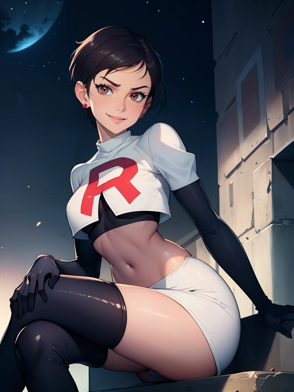 
1girl ,lois lane, tan ,short hair ,brown eyes, black hair, ,earrings, glossy lips ,team rocket uniform, red letter R, white skirt,white crop top,black thigh-high boots, black elbow gloves, evil smile, sitting down ,legs crossed, night sky background