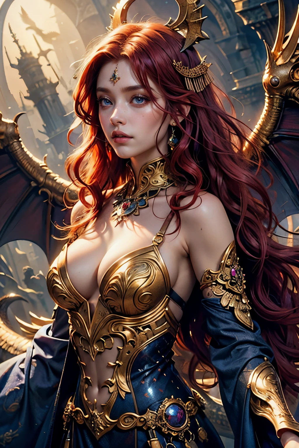 (Top Quality, 16k), Viking girl with red hair and violet eyes, Embraced by golden dragon wings, (Masterpiece, Supremely Aesthetic), (Detailed, Extremely Detailed),perfect face,

The Viking girl's red hair cascades down in luscious waves, each strand meticulously rendered in high definition, reflecting the light and creating a sense of depth and texture. Her violet eyes sparkle with an otherworldly intensity, their color intricately detailed, revealing every vein and fiber. The dragon wings surrounding her are golden and shimmering, their surface ultra-detailed with intricate scales and feathers.