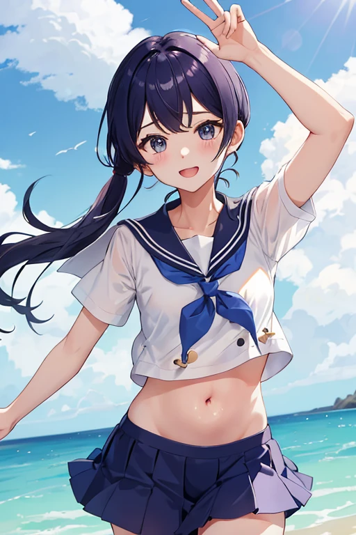 ((Clothing wetness: 1.4)), ((Underwear visible)), (Sailor suit), (Sheer skirt), Sunny blue sky, beach, (Perfect hands), (Perfect anatomy), (Perfect body structure ), ((2 arms)), ((2 legs)), ((Masterpiece, Best quality, High resolution, Ultra high resolution, Perfect pixels, Burned border depth, 4K, Super detailed)), HDR, Studio lighting, Sharp focus, Bright colors, Portrait, Warm tones, Soft lighting, standing,