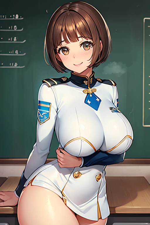 elite school uniform, blue white gold uniform, white skirt, white top, blue ribbon, golden buttons, golden shoulder pats, young adult, 19 years, brown hair, blunt bang haircut cut, brown eyes, beautiful brown eyes, big breast, striking body curves, horny smile, pink lips, tiny girl, cute pose, masterpiece, classroom background, school