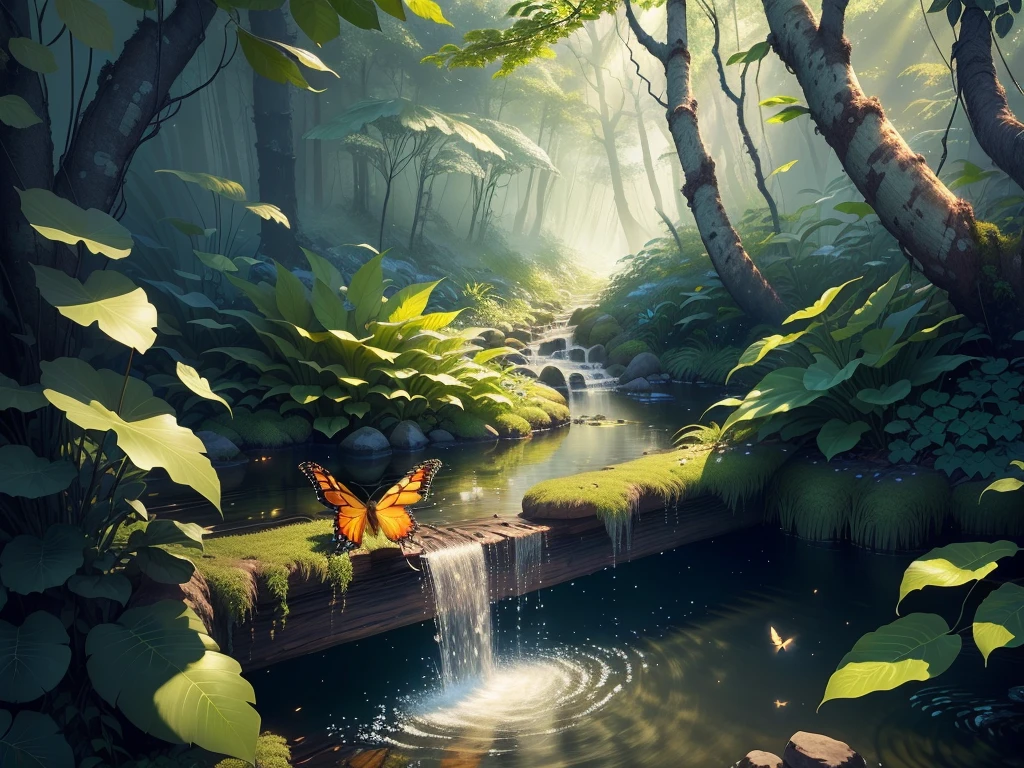 masterpiece, highest quality, (Highly detailed CG Unity 8K wallpaper), (highest quality), (best illustrations), (best shadows), Glow Sprite, with a shining butterfly, In the pool Drinking water, natureの要素 in the forest theme. Mysterious Forest, beautiful forest, nature, surrounded by flowers, delicate leaf and branches surrounded by fire Fly (natureの要素), (Jungle theme), (leaf), (Twigs), (fire Fly), (particle effects), wait. 3D, octane rendering, ray tracing, super detailed
