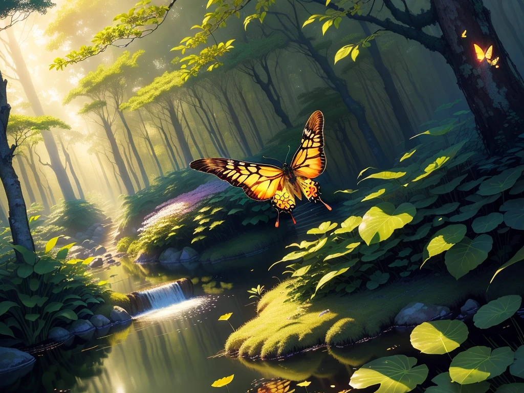 masterpiece, highest quality, (Highly detailed CG Unity 8K wallpaper), (highest quality), (best illustrations), (best shadows), Glow Sprite, with a shining butterfly, In the pool Drinking water, natureの要素 in the forest theme. Mysterious Forest, beautiful forest, nature, surrounded by flowers, delicate leaf and branches surrounded by fire Fly (natureの要素), (Jungle theme), (leaf), (Twigs), (fire Fly), (particle effects), wait. 3D, octane rendering, ray tracing, super detailed