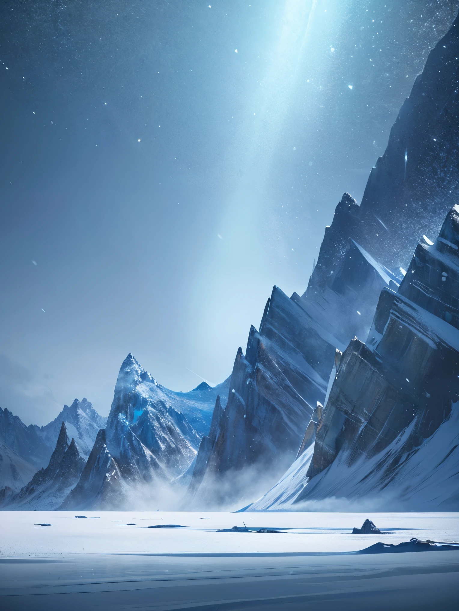An exquisite arctic landscape painted in various shades of ethereal blue, showcasing the untouched beauty of icy glaciers, sparkling snow-covered peaks, and an expansive frozen tundra stretching as far as the eye can see. The serene atmosphere is intensified by the soft glow of the winter sun reflecting off the crystalline ice, creating a captivating tableau of pure tranquility and awe-inspiring natural wonders. Northern lights. National geographic style. Masterpiece. UHD