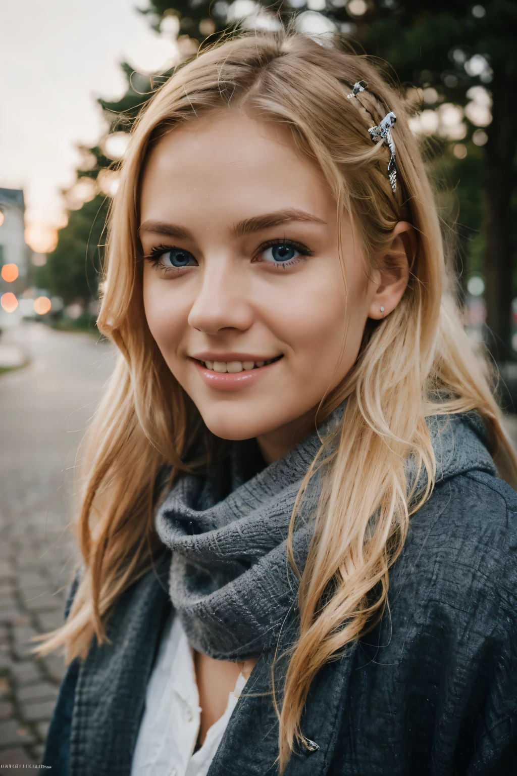 having a walk with dog, evening, winter, winter outfit, scarf, cute smile with beautiful teeth, young and cute face, chubby, best quality, Meisterwerk, Realistisches Foto, Komplizierte Details, RAW-Foto, Ultra-detailliert, blondes haar, cute face, Körpchengröße B, blondes Haar, perfekte und blaue Augen, HD quality, 8K, young woman, 20 Jahre alt