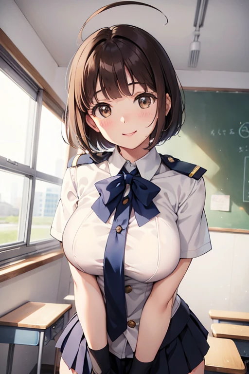 elite school uniform, blue white gold uniform, white skirt, white top, blue ribbon, golden buttons, golden shoulder pats, young adult, 19 years, brown hair, blunt bang haircut cut, brown eyes, beautiful brown eyes, big breast, striking body curves, horny smile, pink lips, tiny girl, cute pose, masterpiece, classroom background, school