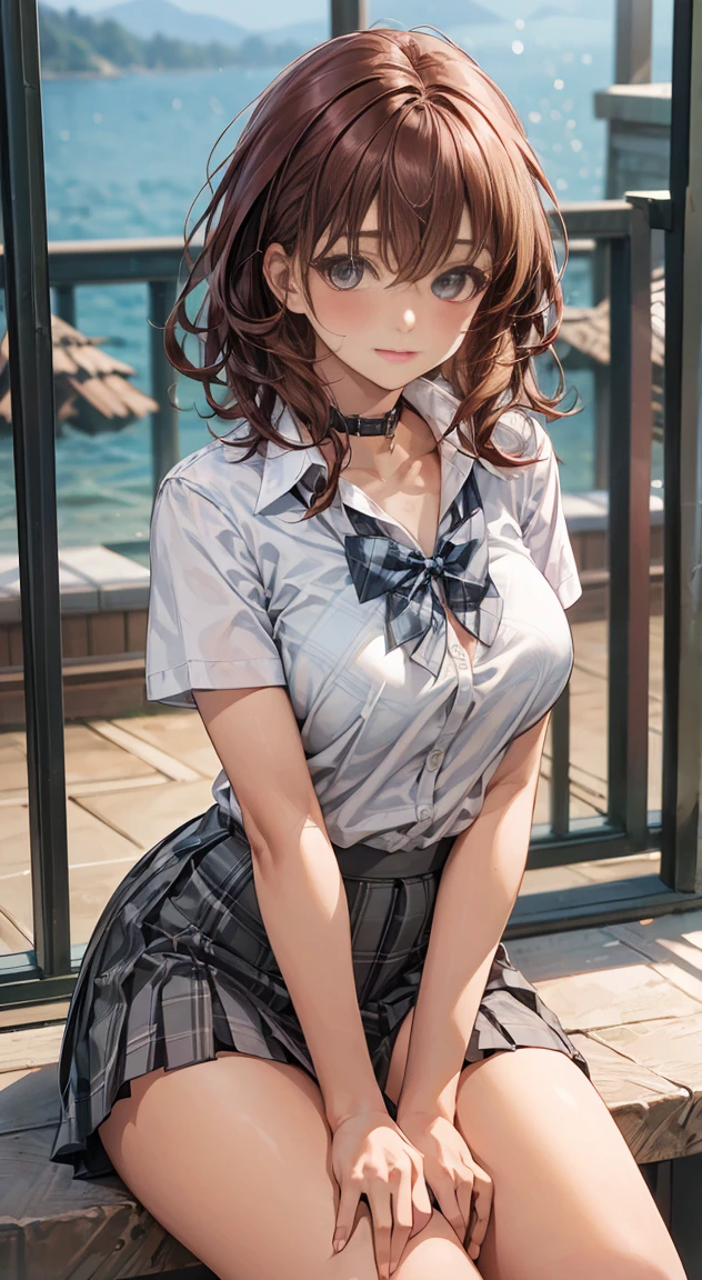 (masterpiece:1.2, highest quality), (realistic, photorealistic:1.4), beautiful illustrations,
looking at the viewer, whole body, Front view:0.6,
1 girl, Japanese, high School girl, ((medium hair:1.5)), blown hair, bangs, hair between eyes, big breasts:0.8,
beautiful hair, beautiful face, beautiful and detailed eyes, beautiful clavicle, (plump body:1.3), beautiful breasts, beautiful thighs, beautiful feet, beautiful fingers,
(beautiful scenery), , School,
((Short sleeve shirt with collar, white shirt, , Grey plaid pleated skirt, Blue plaid bow tie)), white panties,
(Are standing, , lift the skirt, Grab the hem of the skirt, put your hand on your chest, hand between legs),
blush, ,