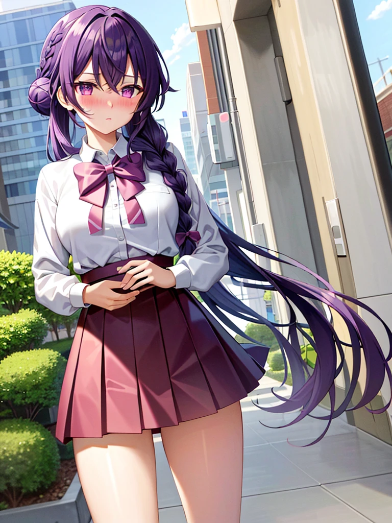 (masterpiece, highest quality, super detailed), Keqing \(genshin impact\), (purple hair), ((blush:1.2)), corn hair bun hair, twin tails, long hair, flowing bangs, Braid, Braided bangs, purple eyes, pink eyes,
(White school uniform), red bow tie, Are standing, sunlight, Beautiful cloudy sky, city, street, black mini skirt, black stockings,
big breasts, ((long slender legs)), ((thin waist)), thick thighs, critical angle, cowboy shot, shy look, cute woman, Curvaceous