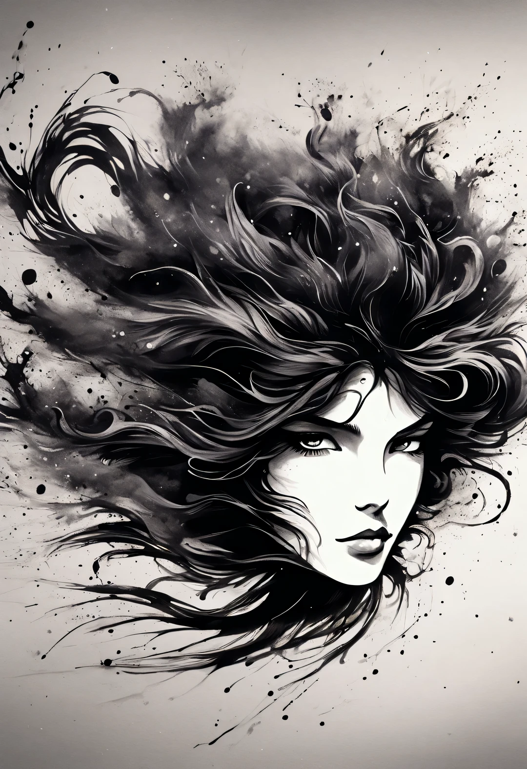 Ink art of black dancing hair，Wallpaper phone，splash ink，pen and ink art style, portrait, Beautiful detailed，airbrush art