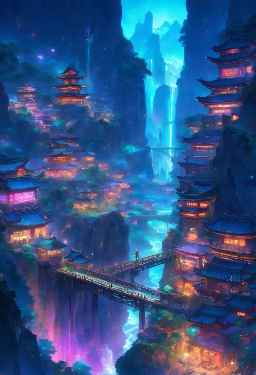 top lighting, Mountain glow,buildings, Bridges, rivers, thousands of miles of rivers and mountains, circuit boards, depth of field, colorful light and shadow, bioluminescence,three-dimensional, background blur, Wang Ximeng, Song Huizong, mountain, high Angle shooting