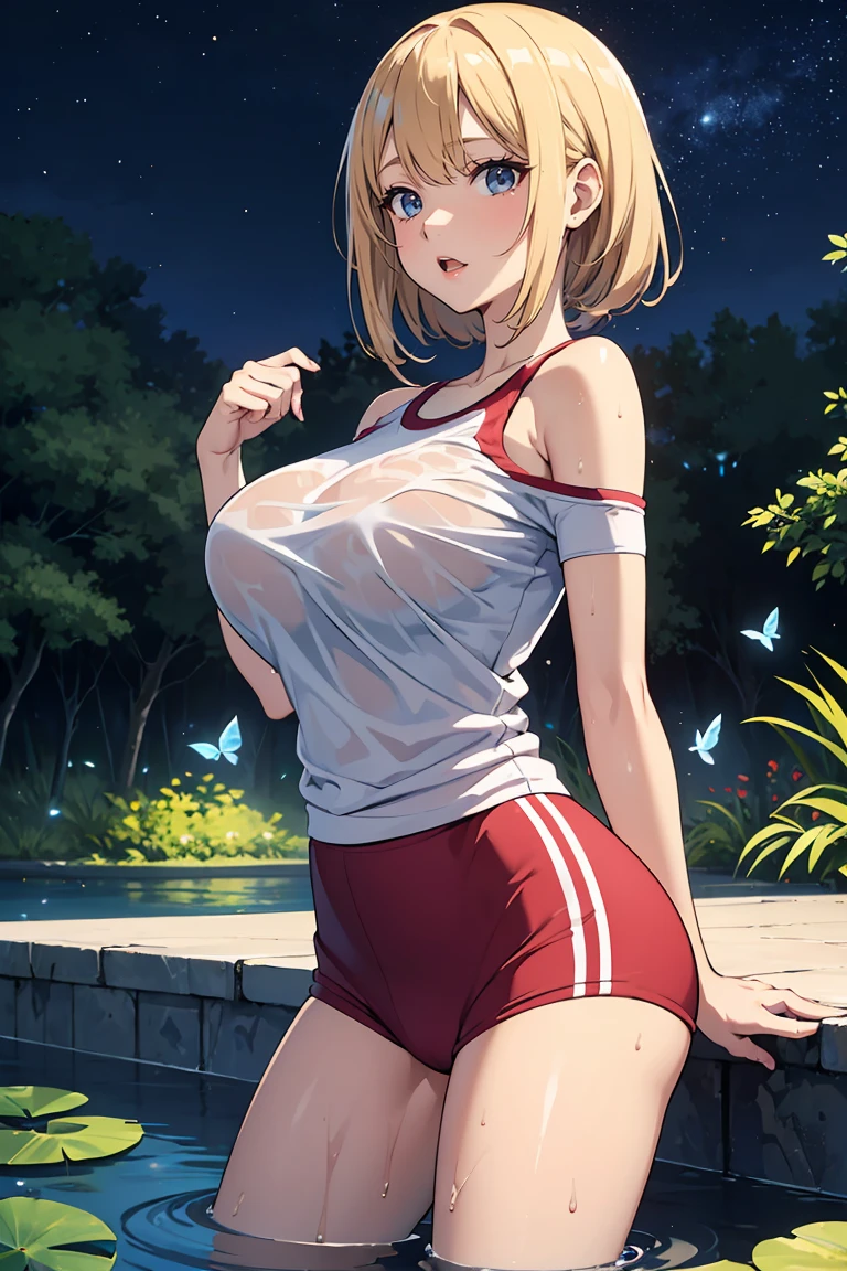 ((masterpiece)), ((highest quality)), (ultra high resolution,8K),(Ultra high fine mesh,4K), (Highly detailed CG integrated 8k wallpaper), (perfect anatomy,anatomically accurate), (high angle)), (One woman with big breasts with sexy charm), ((In shallow water, Gym clothes and white T-shirt)), (Gym clothes and white T-shirt))), Beautiful butterflies are flying, (Off the shoulders), ((whole body)), (blonde hair) (eye for detail: 1.4), (Beautiful blue eyes like sapphires), (open your mouth), ((wet body)), shiny skin, fine-textured skin, Fine-grained hair, cowboy shot, Large background, (Butterflies flying around a woman),near pond, (starry sky), forest, Pillar of Light, water lily, moss, crystal clear clean water, moonlight, Sparkling, ( midnight, dark))), background focus