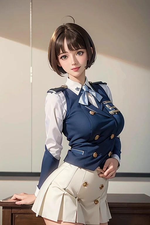 elite school uniform, blue white gold uniform, white skirt, white top, blue ribbon, golden buttons, golden shoulder pats, young adult, 19 years, brown hair, blunt bang haircut cut, brown eyes, beautiful brown eyes, big breast, striking body curves, horny smile, pink lips, tiny girl, cute pose, masterpiece, classroom background, school