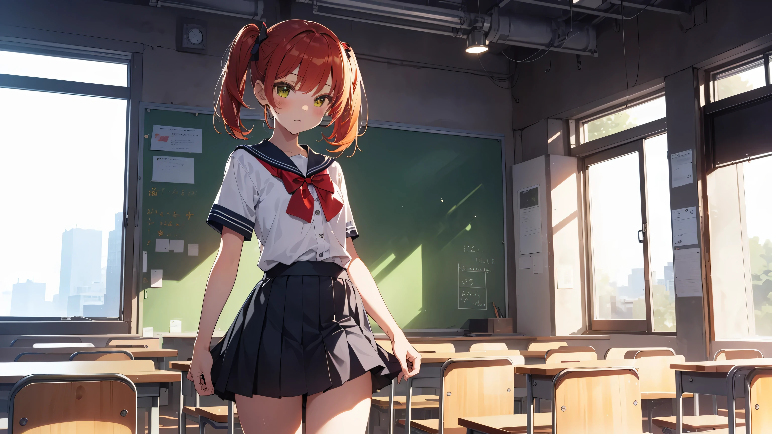 ((top quality, ultra-detailed, high resolution, extremely detailed CG, unity 8k wallpaper, by famous artist, perfect anatomy, super detailed skin, cinematic lighting, UHD, retina, anatomically correct, 1080P)), (Please draw a single one sad girl walking in a classroom school :1.3), 1girl, (Solo, face,13-year-old:2.0), a junior high school student, androgynous charm, (Medium hair, full red hair (redhead), pigtails, straight bangs, with a little bow), Full limbs, complete fingers, perfect fingers, flat chest, childish body, small butt, groin, Beautiful detailed full yellow gold eyes, disgusted eye, perfect eyes, sailor school uniform white and blue (The blouse is typically white, skirt is blue) (Detailed Lighting), (Detailed background), (in the school zone), full body view, standing, legs, uwabaki shoes. Cute, kawaii single girl (one girl), full body shot. Background is the school, front body