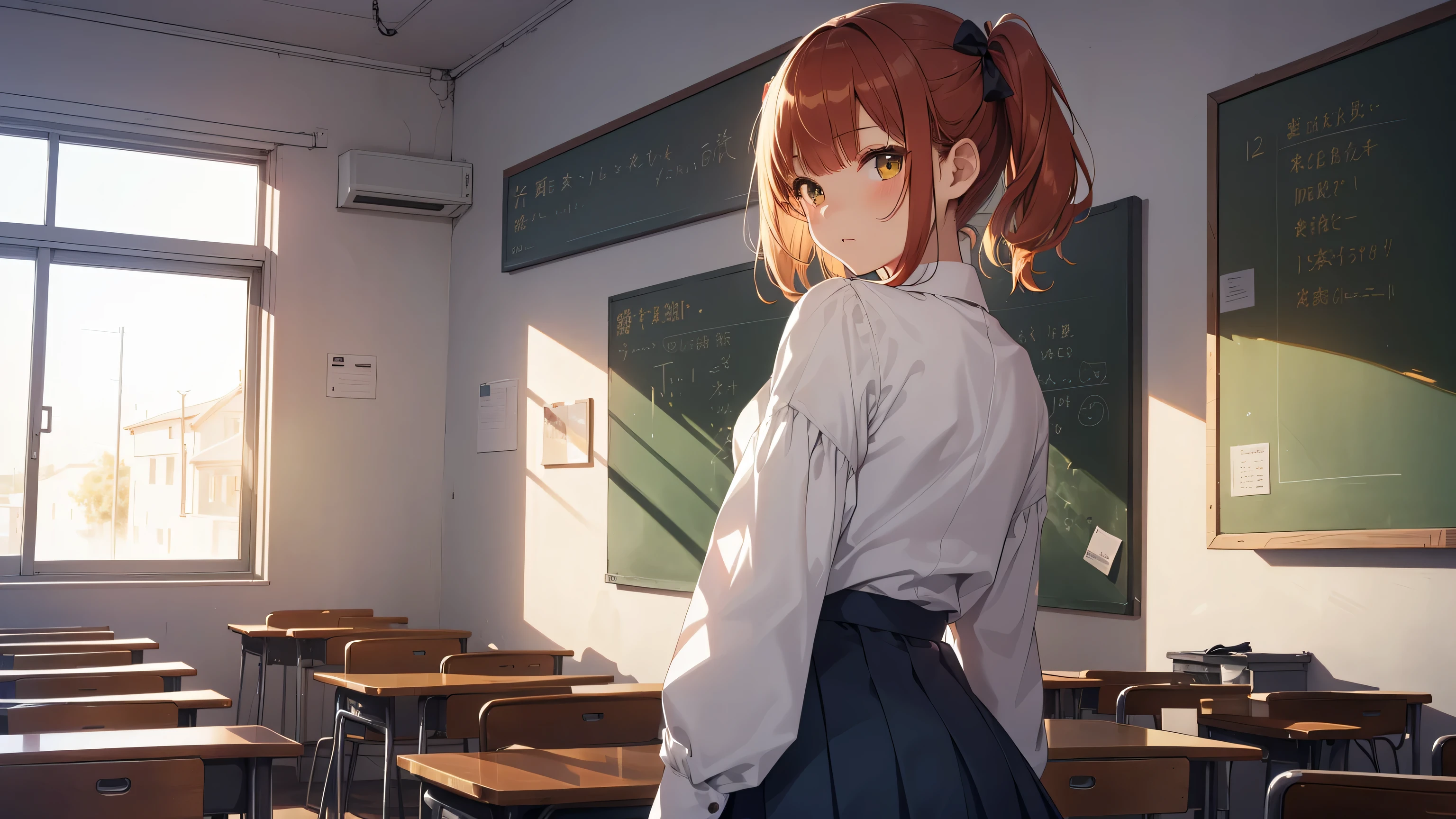 ((top quality, ultra-detailed, high resolution, extremely detailed CG, unity 8k wallpaper, by famous artist, perfect anatomy, super detailed skin, cinematic lighting, UHD, retina, anatomically correct, 1080P)), (Please draw a frontal single one sad girl walking in a classroom school :1.3), 1girl, (Solo, face,13-year-old:2.0), a junior high school student, androgynous charm, (Medium hair, full red hair (redhead), pigtails, straight bangs, with a little bow), Full limbs, complete fingers, perfect fingers, flat chest, childish body, small butt, groin, Beautiful detailed full yellow gold eyes, disgusted eye, sailor school uniform white and blue (The blouse is typically white, skirt is blue) (Detailed Lighting), (Detailed background), (in the school zone), full body view, standing, legs, uwabaki shoes. Cute, kawaii single girl (one girl), full body shot. Background is the school 