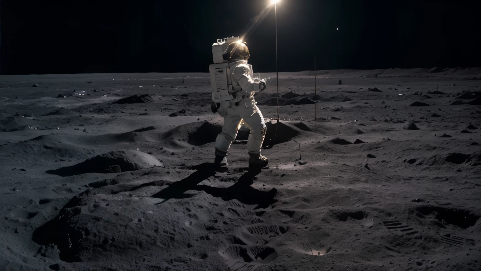 (an) astronaut walking,on the surface of the moon,(best quality,highres:1.2),(realistic:1.37),with a lunar rover nearby,moon rocks scattered on the ground,deep black space background,reflecting the distant stars,vivid colors,glimmering spacesuit,sharp focus,HDR,ultra-detailed,studio lighting,American flag waving proudly in the gentle lunar breeze,portraits,colofrul color palette,soft and warm lighting,wide-angle perspective,inhospitable lunar surface,moon dust floating in zero gravity,long shadows stretching into the distance,silence and tranquility in the air,holding a scientific instrument for research,leaping with a weightless grace,unforgiving harshness of space.