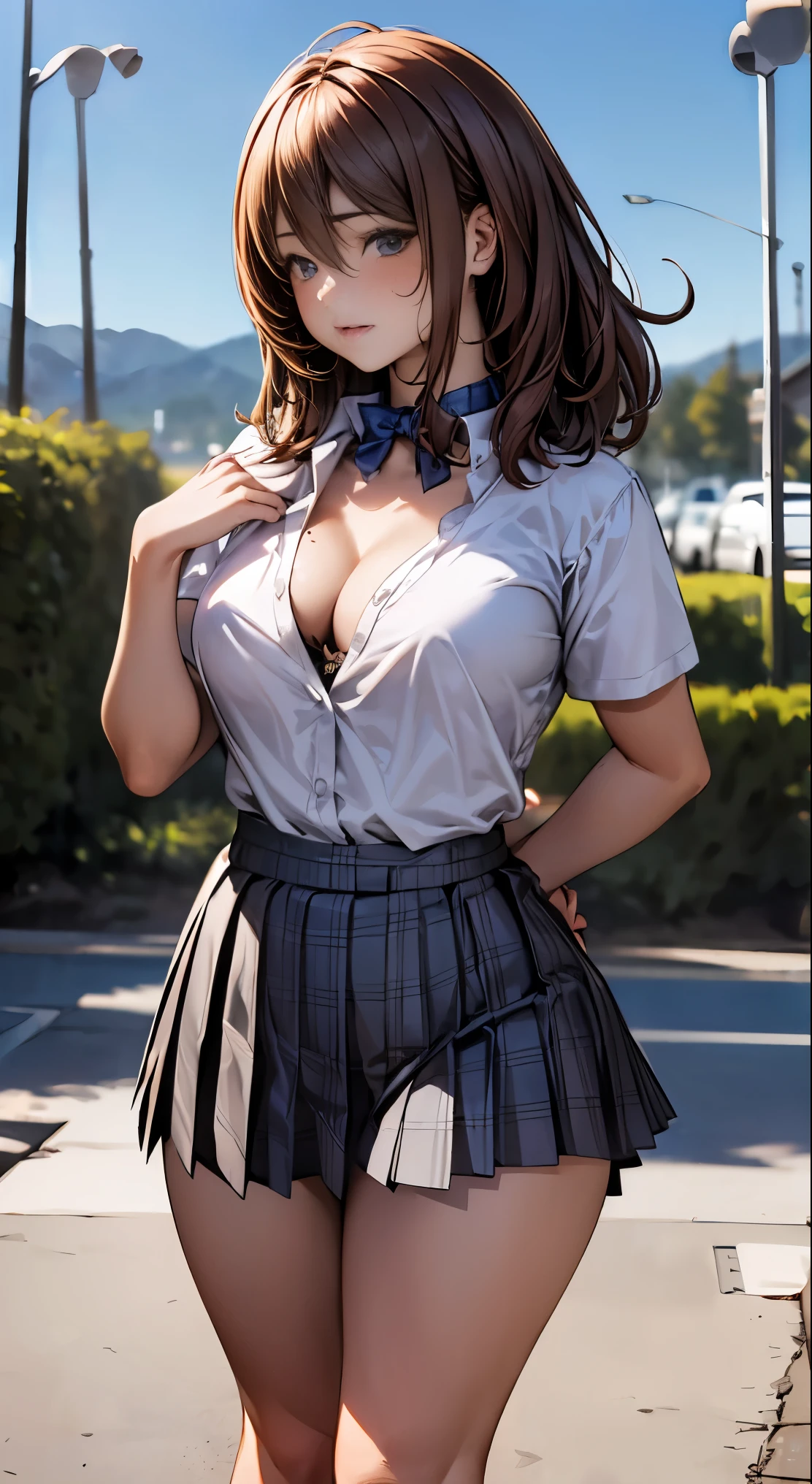 (masterpiece:1.2, highest quality), (realistic, photorealistic:1.4), beautiful illustrations,
looking at the viewer, whole body, Front view:0.6,
1 girl, Japanese, high School girl, ((medium hair:1.5)), blown hair, bangs, hair between eyes, big breasts:0.8,
beautiful hair, beautiful face, beautiful and detailed eyes, beautiful clavicle, ((Slightly thicker figure:1.5)), beautiful breasts, beautiful thighs, beautiful feet, beautiful fingers,
(beautiful scenery), , School,
((Short sleeve shirt with collar, white shirt, , Grey plaid pleated skirt, Blue plaid bow tie)), white panties,
(Are standing, , lift the skirt, Grab the hem of the skirt, put your hand on your chest, hand between legs),
blush, ,