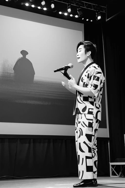 A monochrome print-style abstract painting of a manzai performer giving a talk on stage.