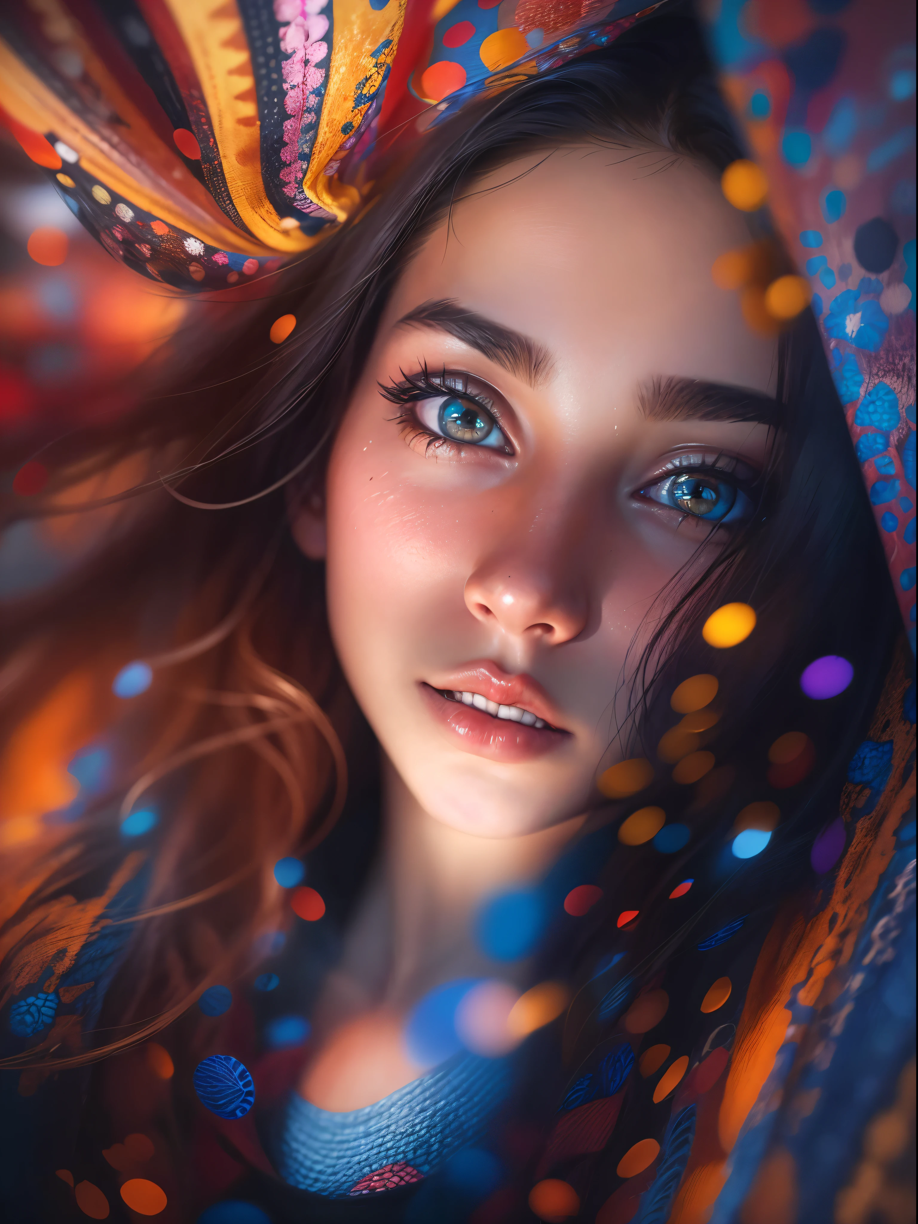 a girl taking a selfie,selfie perspective from the phone,smartphone selfie,best quality,highres,ultra-detailed,vivid colors,beautiful detailed eyes,beautiful detailed lips,long eyelashes,realistic lighting,portrait photography,colorful tones,abstract background,creative composition,poignant expression,studio lighting,professional quality,bokeh effect, pov selfie,