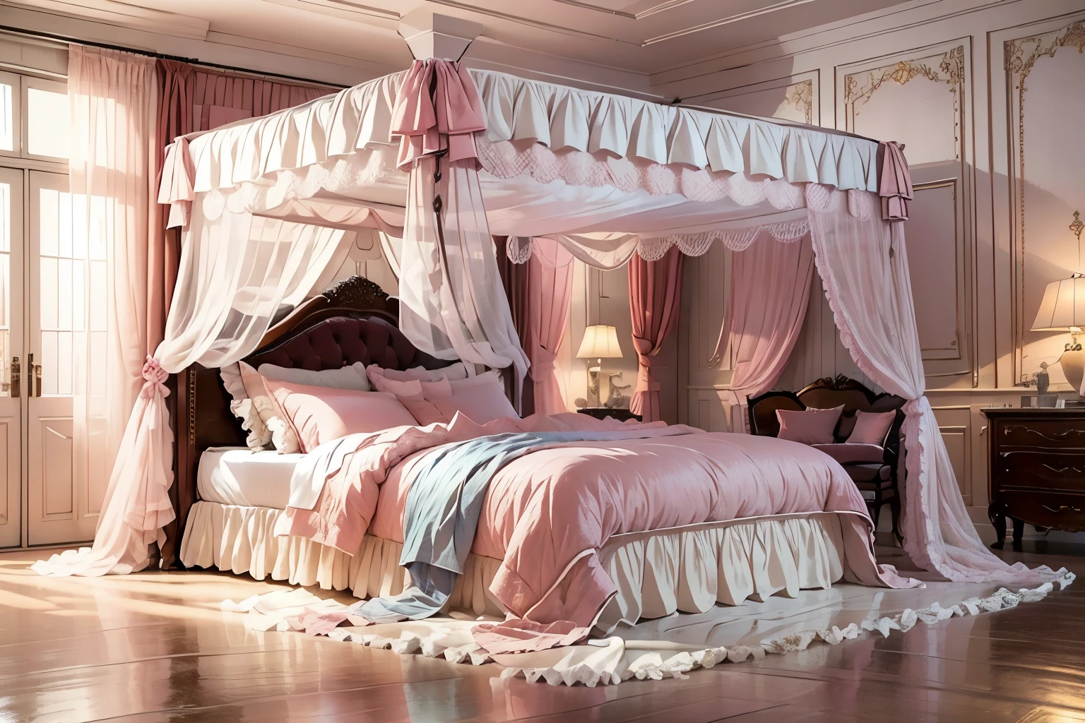 highest quality, masterpiece, highest resolution, artwork, super それにget used to it, many get used to it, get used to it, それにget used to it,(change),luxury pink princess bed,Lots of pillows,ruffle bed skirt,luxury canopy,soft futon,soft pillow,