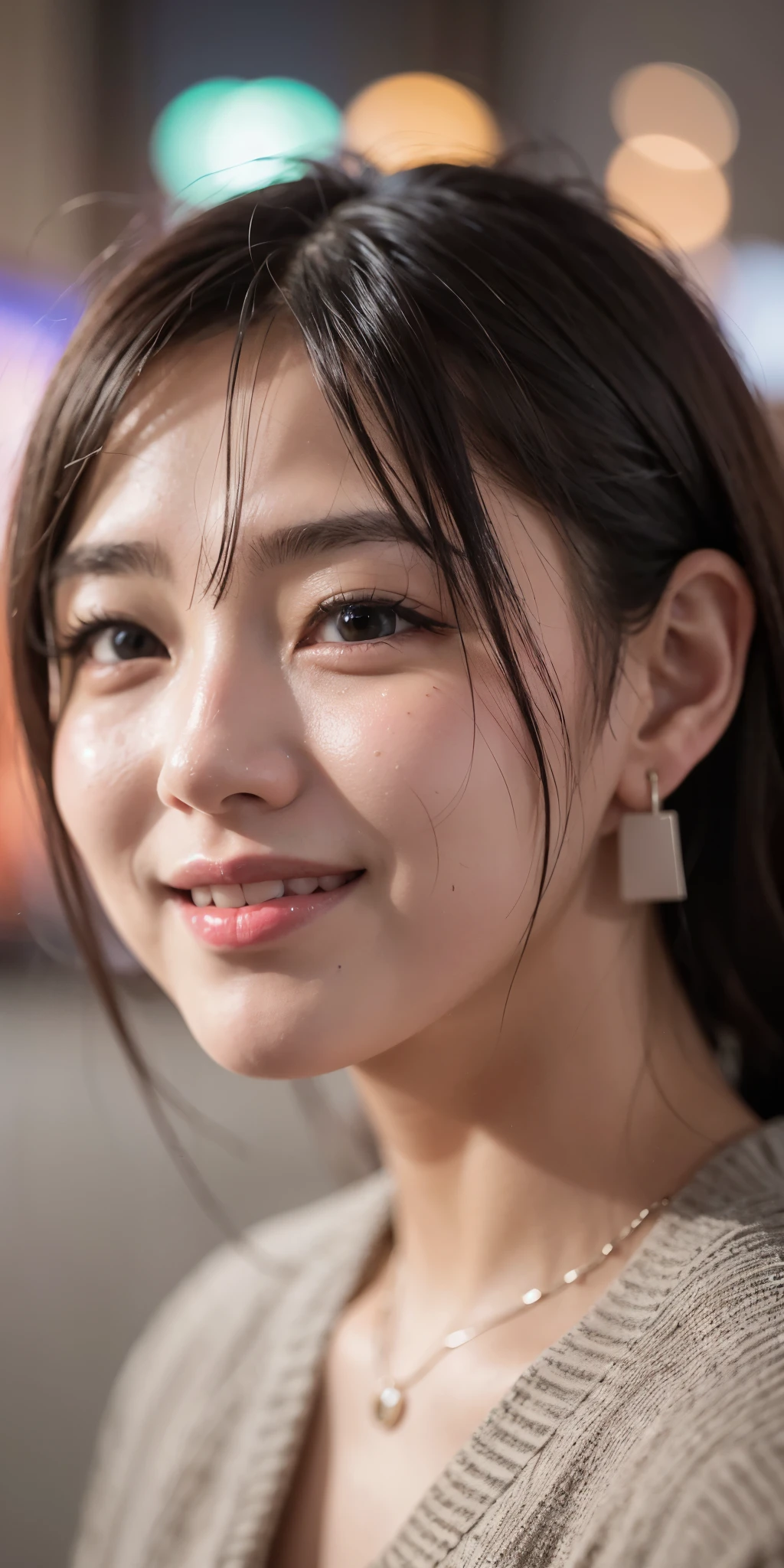 1 girl, Tokyo streets,night, city View,city lights,Upper body,close up,Smile,, (8k, original photo, best quality, masterpiece:1.2),(actual, photo-actual:1.37),