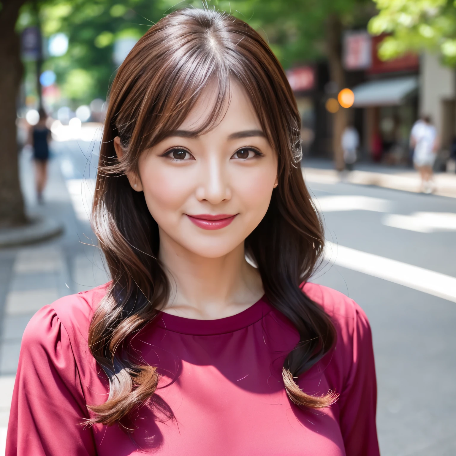((highest quality、8K resolution、master masterpiece、professional photography)), (50 year old beautiful mature woman with an idol face:1.1), wrinkled face、Mature woman on a date in Harajuku、Walking through the streets of Harajuku、(She is wearing an elegant and stylish crimson top.:1.1)、upper body photo、wrinkles around the eyes、stand gracefully、plump and soft body、The most elegant and beautiful berry long wavy hair、the biggest smile when you look at me、swollen chest、perfect makeup、beautiful lipstick、classy eye shadow、long eyelashes、Super high-resolution glossy skin