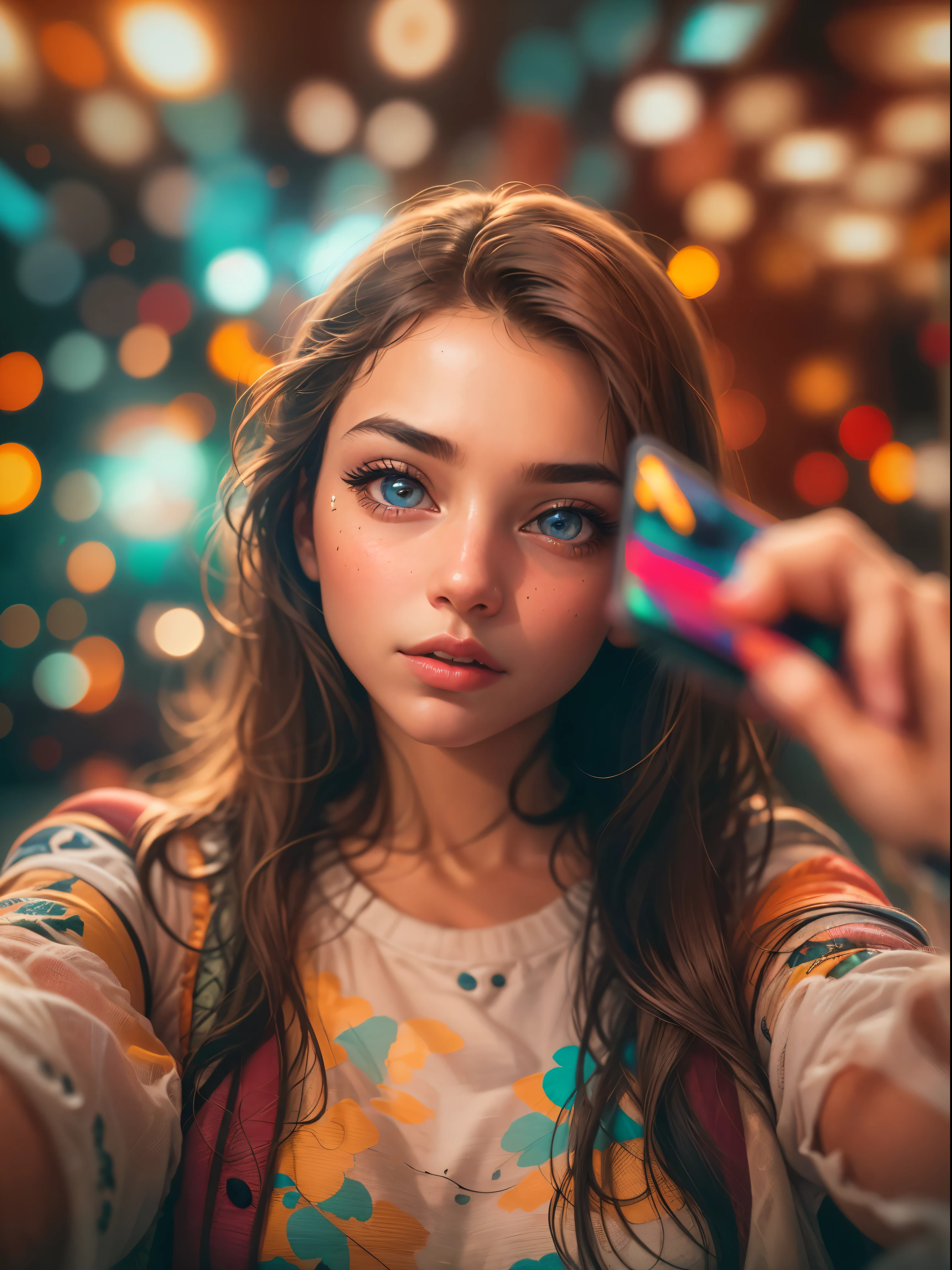 a girl taking a selfie,selfie perspective from the phone,smartphone selfie,best quality,highres,ultra-detailed,vivid colors,beautiful detailed eyes,beautiful detailed lips,long eyelashes,realistic lighting,portrait photography,colorful tones,abstract background,creative composition,poignant expression,studio lighting,professional quality,bokeh effect, pov selfie,