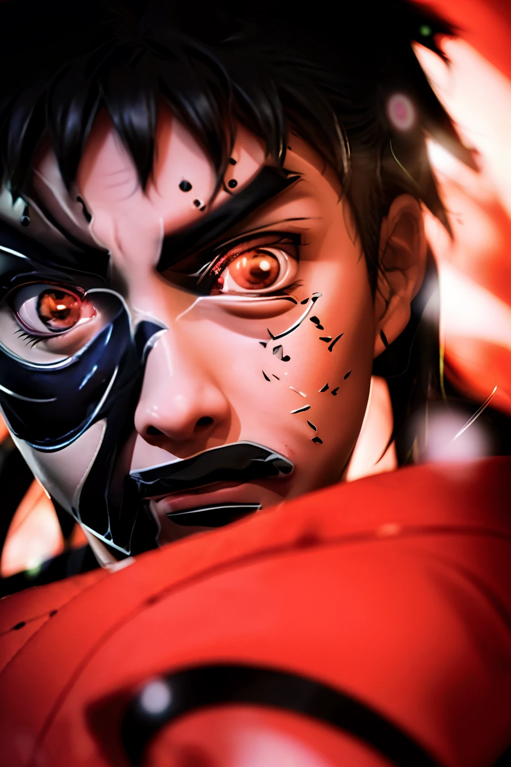 Anime character with red eyes staring at something, pain 来自火影ninja, 来自火影ninja, He is very threatening and sexual, 小丑看起来像火影ninja, his eyes are, Straight eyes, Xiaoming, itachi​ uchiha, focused gaze, ninja, 小丑 饰演 火影ninja, itachi​, Emotional facial shot, His eyes are full of fear