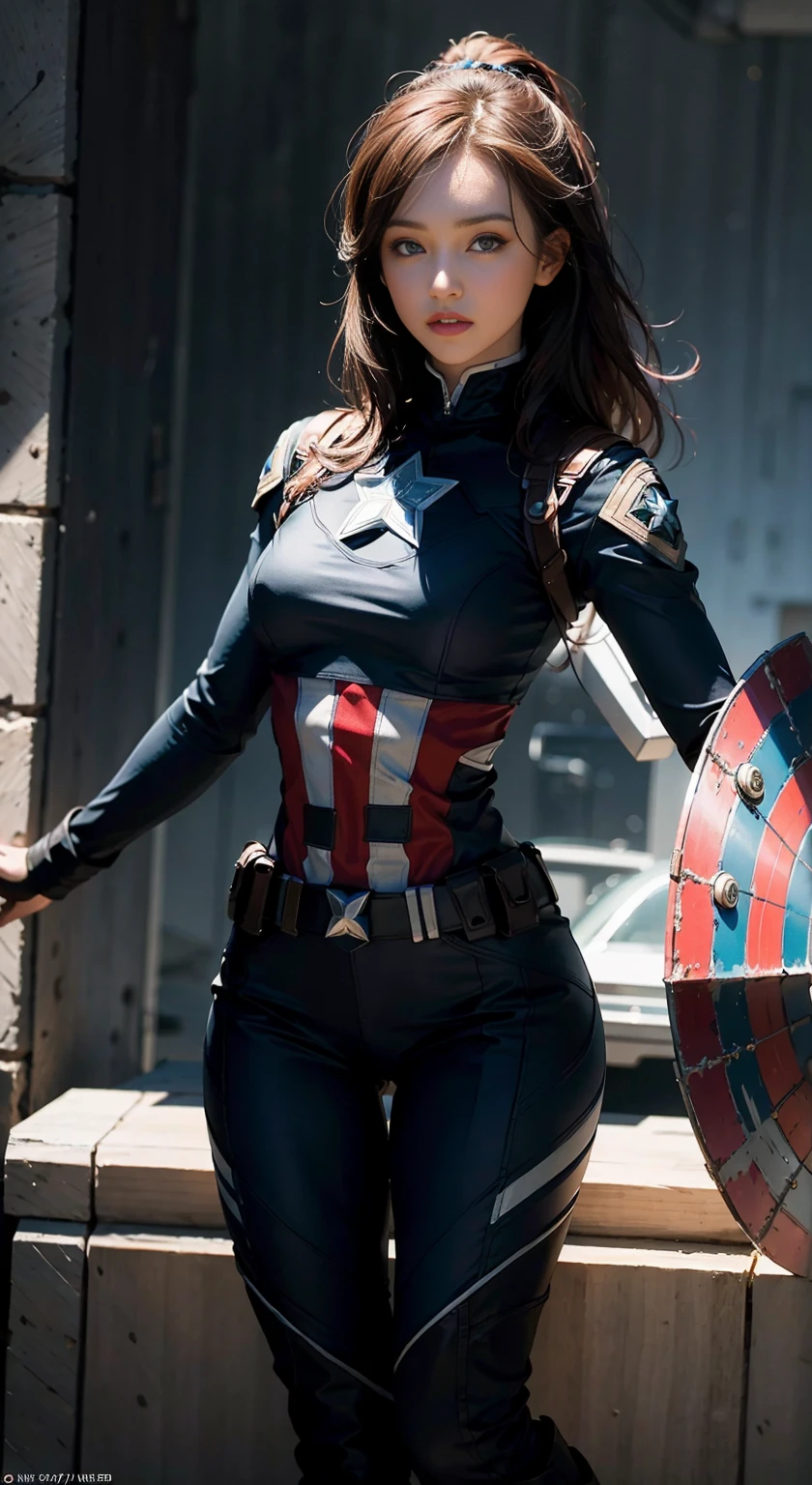 (1girl:1.3), solo, __body-parts__, official art, unified 8k wallpaper, super detailed, beautiful and aesthetic, beautiful, masterpiece, full body portrait, dynamic pose, beautiful face, vibrant eyes, wearing a futuristic Captain America costume, blue color scheme, holding a Captain America shield, a white star on the chest, busy background, visible pores, sharp focus,