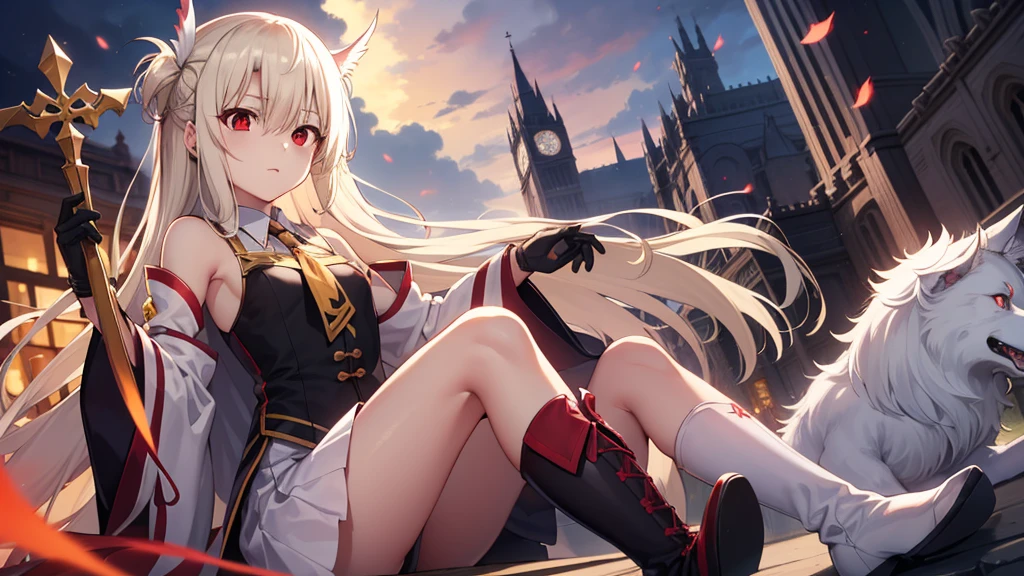 Illyasviel von Einzbern, blonde hair, hair between eyes, long hair, (red eyes:1.5),A cool girl boots, Detached sleeves, , White gloves, white skirt, absolute chance,Ender Wolf King,Xun Ying Chuan Xin,right and wrong realm,Assassin,Divine Dark Element,black toga,Holding the magic sickle
