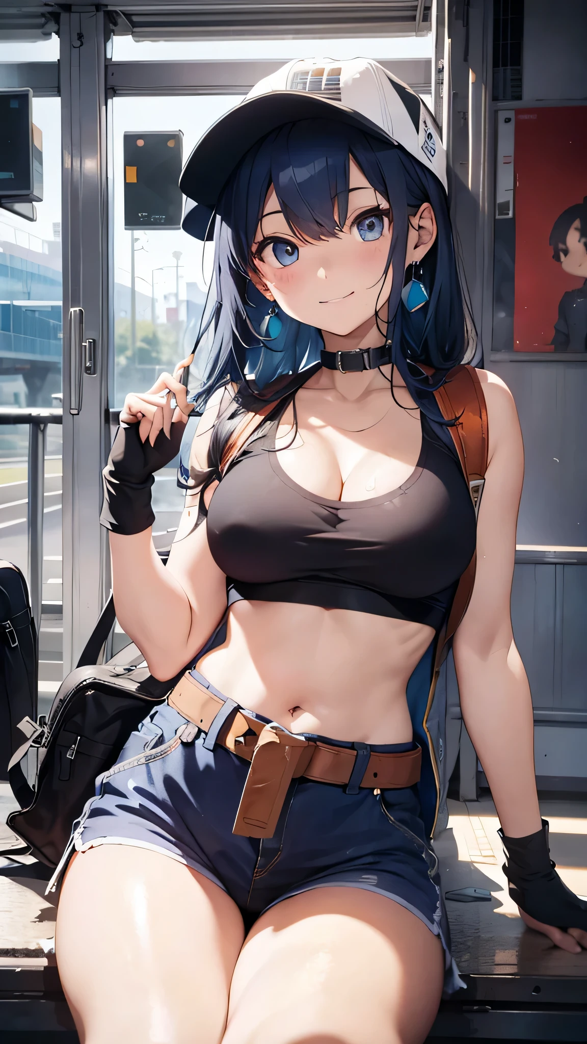 最high quality、best image quality、masterpiece、teenage girl((18-year-old、 By becoming、vest bust、medium bust,wide open breast tea、black eye, light blue hair、long hair、thin,highest valley、Perforated gloves、blue earrings、bandana、cute smile、sweating、wrap the jacket around your waist、blue cap hat、red smoke sunglasses、blue tank top、military pants、squatting position、shoulder bag)),high quality、beautiful art、background((In the airport)),debris flies、Depth of written boundary、movie、visual art、perfect art、8K,genuine