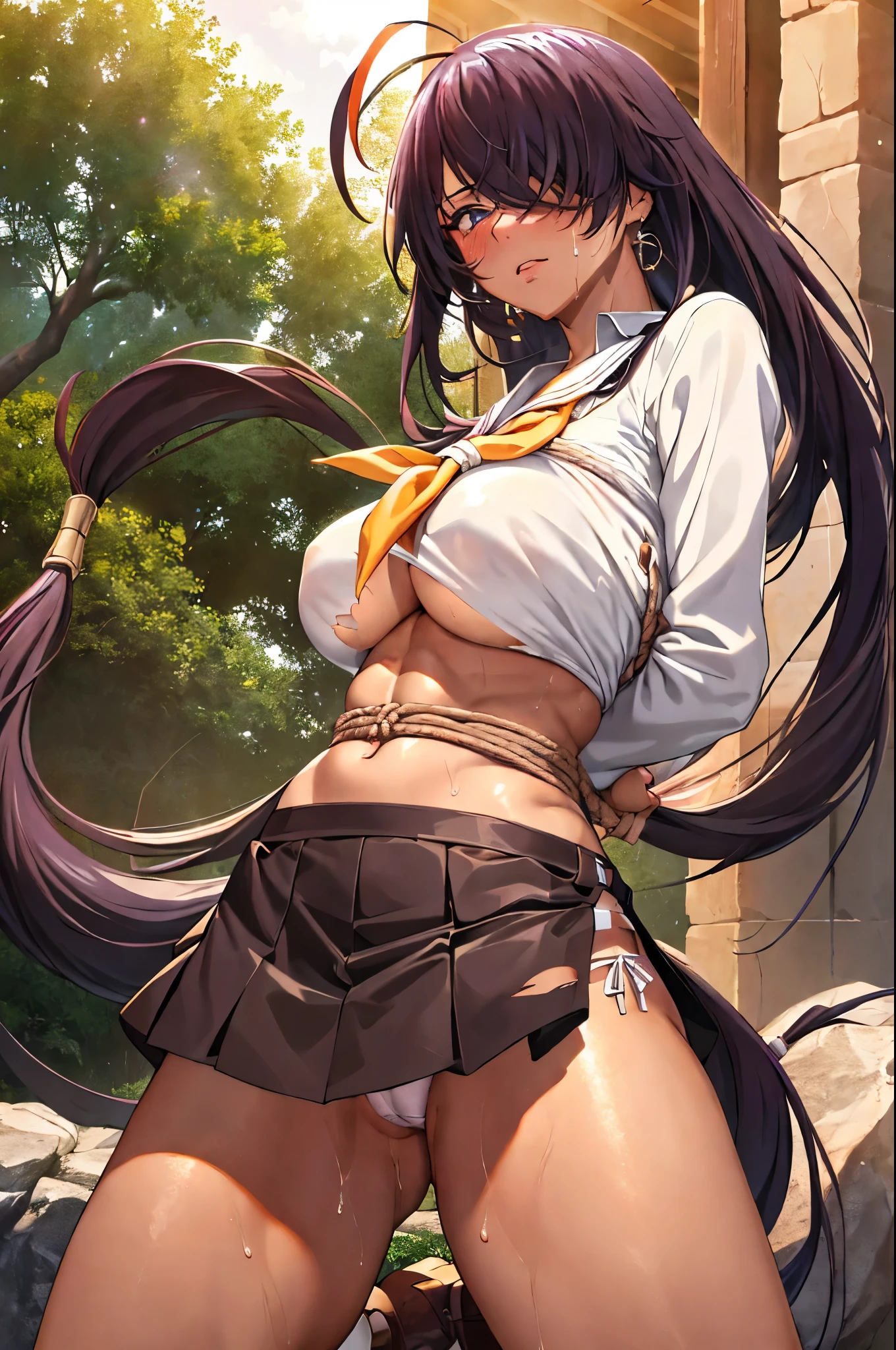 unparalleled masterpiece, 8k, high quality,perfect artwork, outdoor, 1girl,18yo,muscular female, kanu unchou,fingerless gloves, midriff, loose socks, no skirt, yellow neckerchief, earrings, loafers, low-tied long hair, hair over one eye, clean, beautiful face, pure face, pale skin, shiny hair, colored inner hair, detail hair, Long eyelashes, braid, (finely detailed beautiful eyes and face), hyper extreme detailed, stunning lighting effects,large breasts,erected nipples,cleavage,navel,underboob,(micro panties,cameltoe:1.2),(see through white shirt:1.3),(red blush,embarrassment:1.2),(squatting:1.2),(sweat:1.2),from below,spread legs,,(Shibari, arms behind back,rope restraint:1.5), ((hands tied back:1.2)),(torn costume:1.2)
