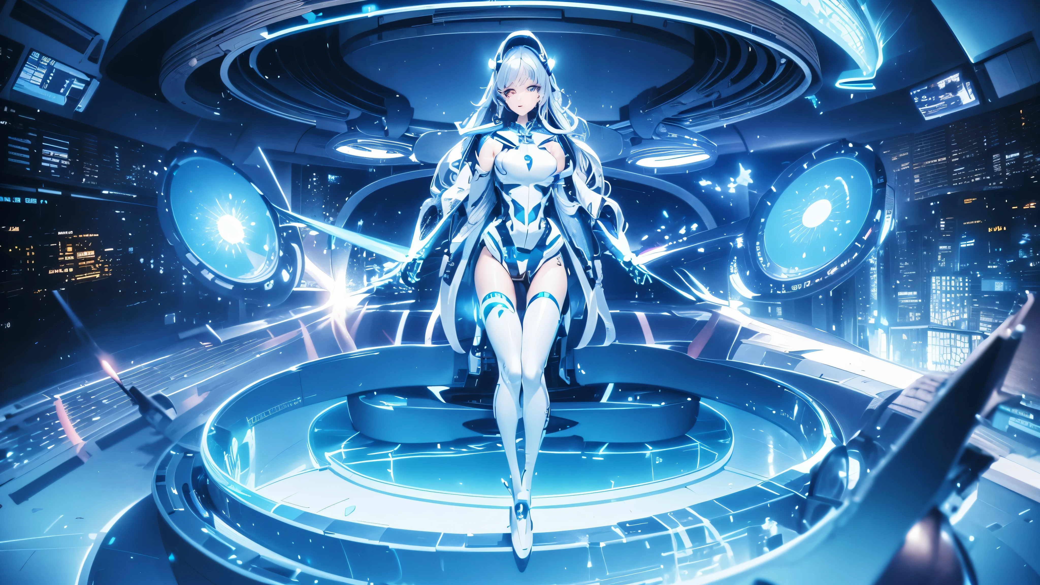 a woman in a futuristic space station with a spaceship in the background, cyborg goddess in cosmos, this character has cryokinesis, anime mecha aesthetic, hologram hovering around her, biomechanical oppai, perfect anime cyborg woman, from the azur lane videogame, digital cyberpunk anime art, cyberpunk anime girl mech, ethereal and mecha theme, knights of zodiac girl